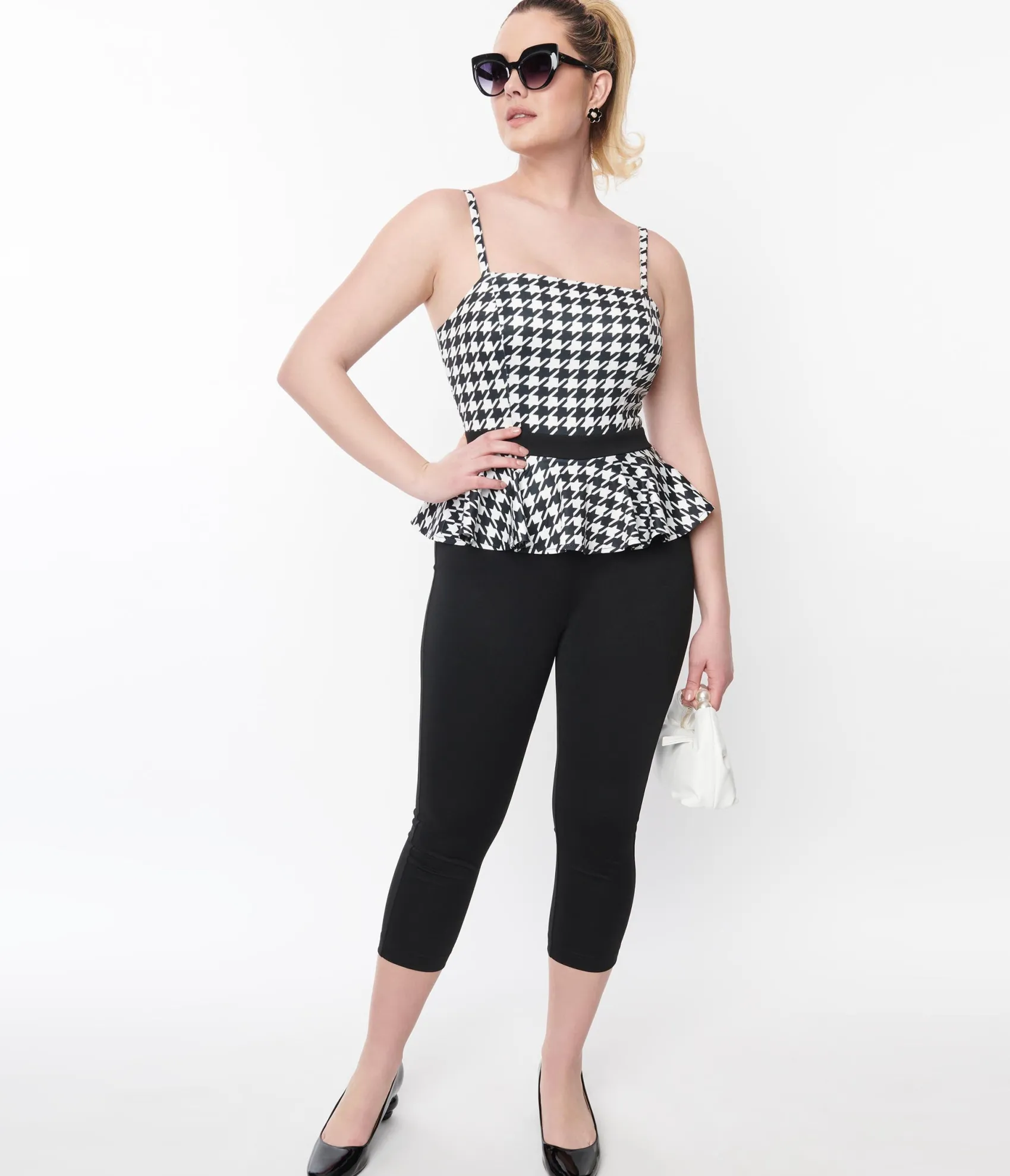 Unique Vintage Black & White Houndstooth Peplum Jumpsuit Hot