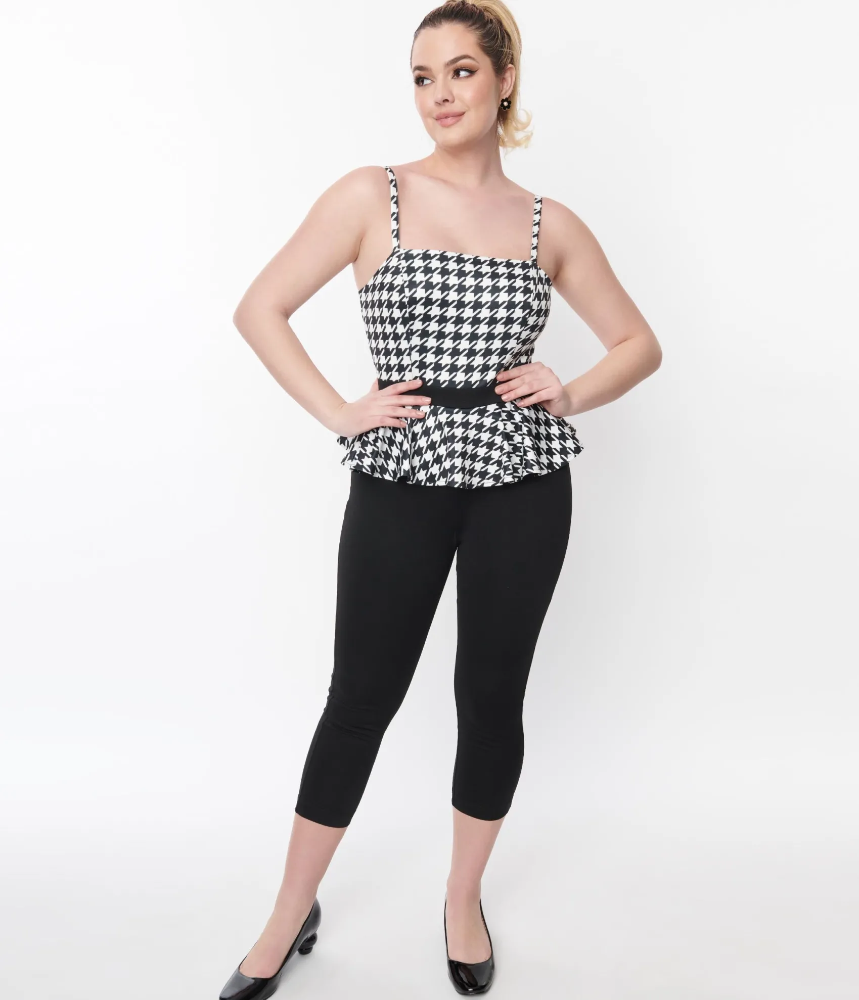 Unique Vintage Black & White Houndstooth Peplum Jumpsuit Hot
