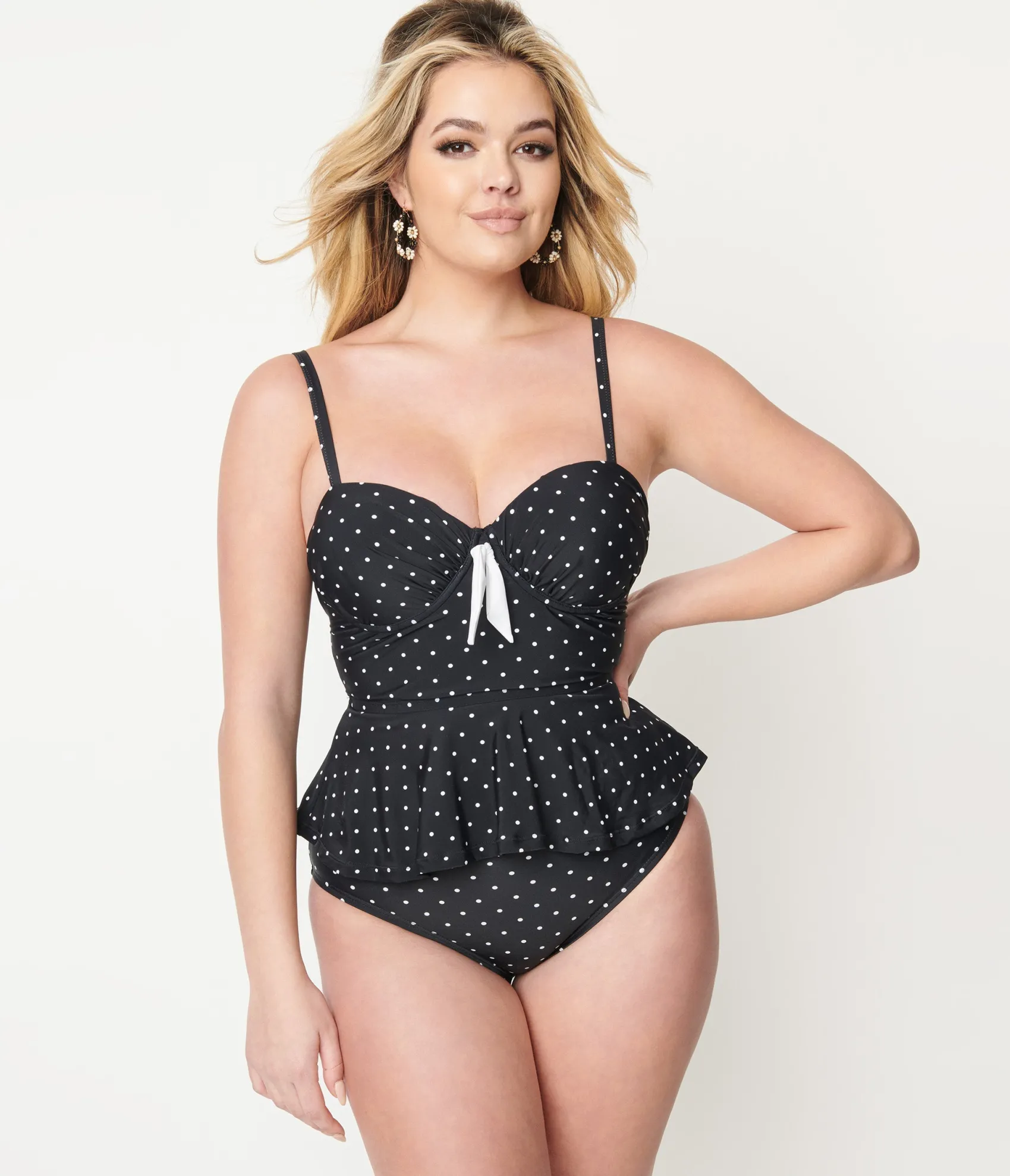 Unique Vintage Black & White Pin Dot Peplum Solana Tankini Swim Top Flash Sale