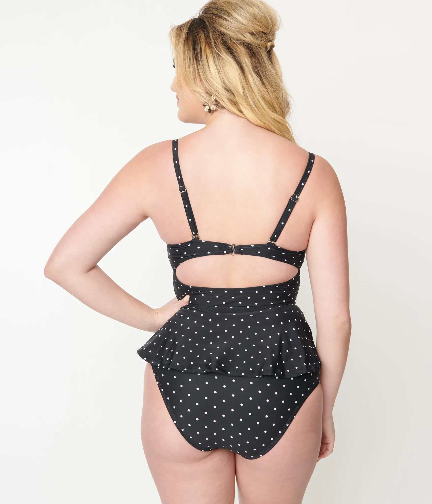 Unique Vintage Black & White Pin Dot Peplum Solana Tankini Swim Top Flash Sale
