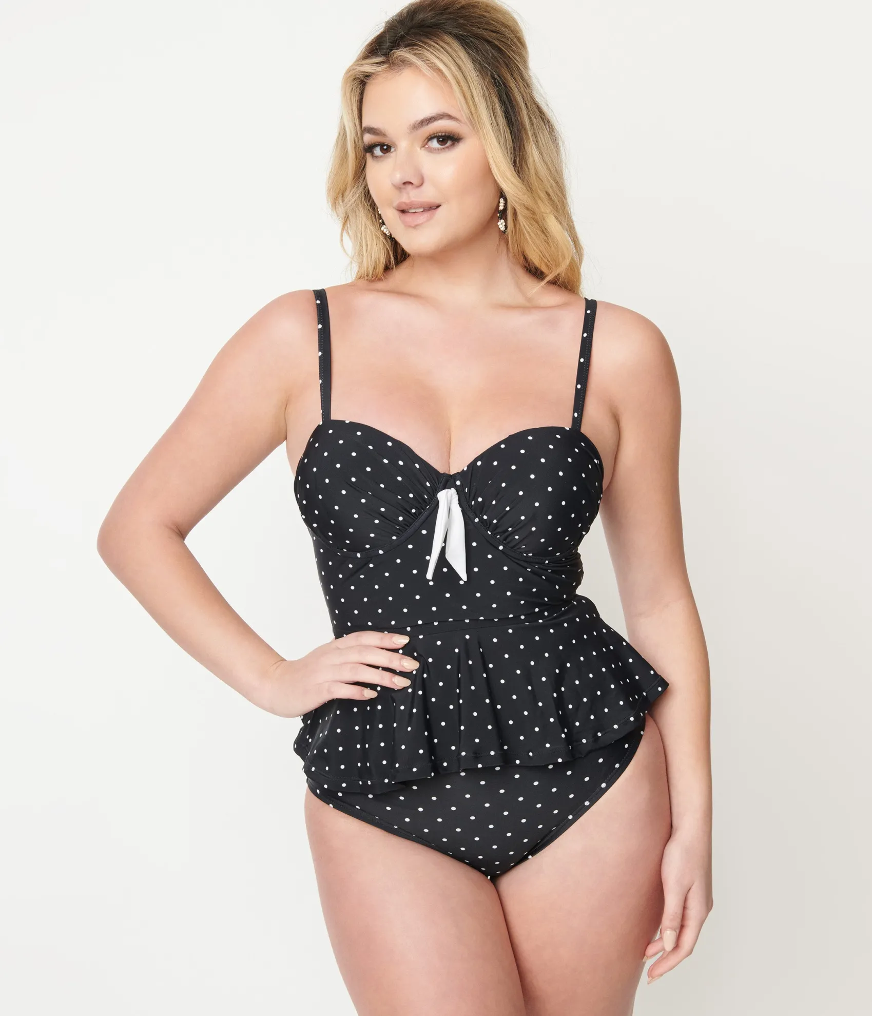 Unique Vintage Black & White Pin Dot Peplum Solana Tankini Swim Top Flash Sale