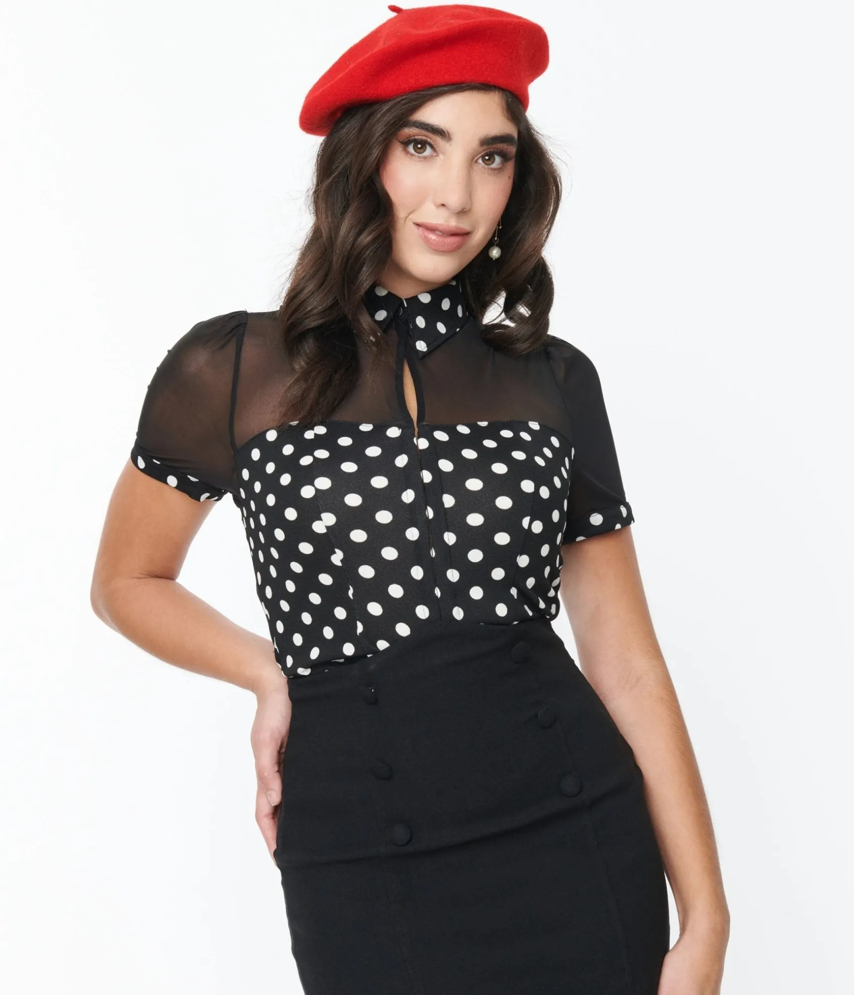 Unique Vintage Black & White Polka Dot Mesh Sweetheart Top Store