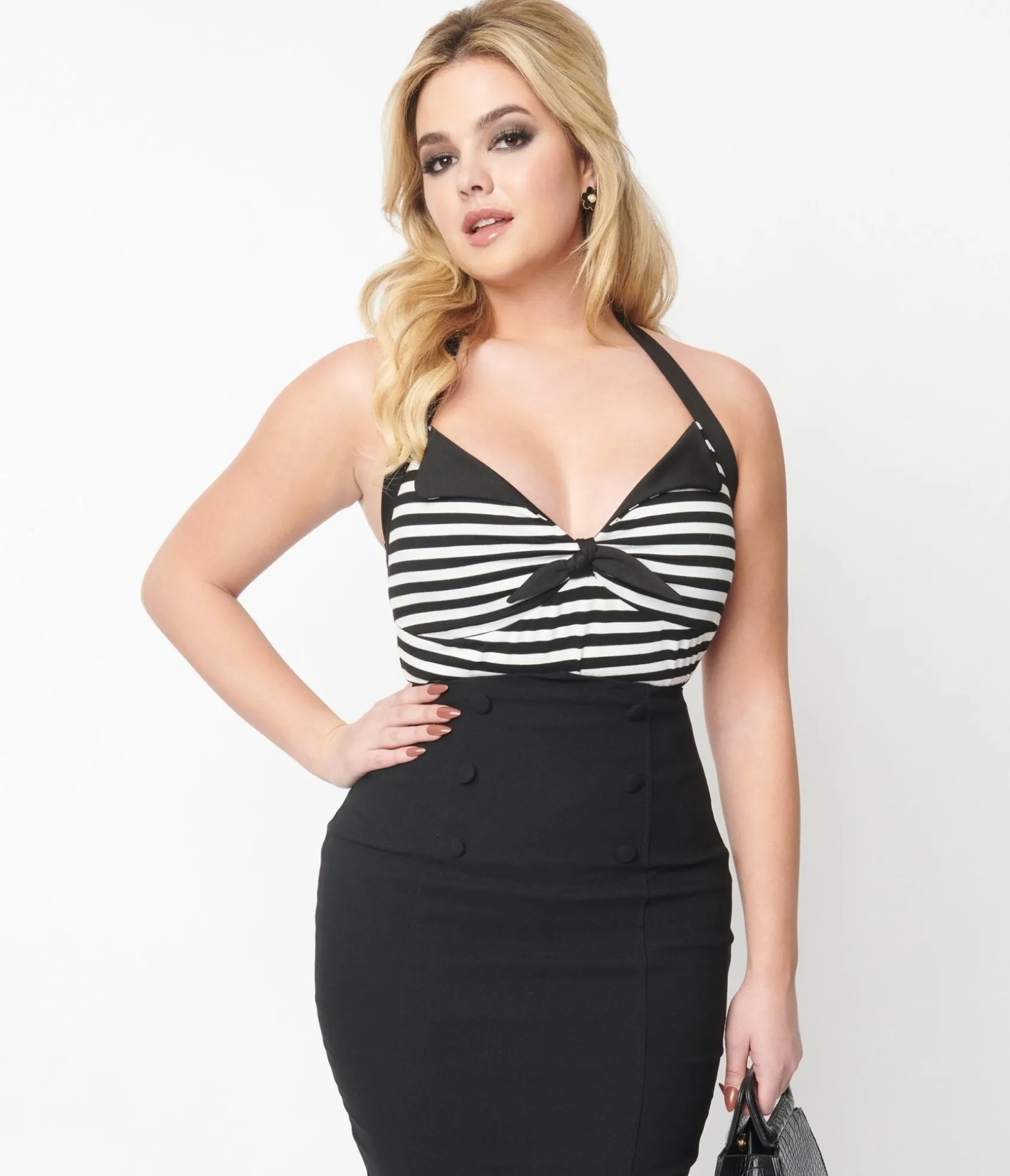 Unique Vintage Black & White Striped Halter Top Sale