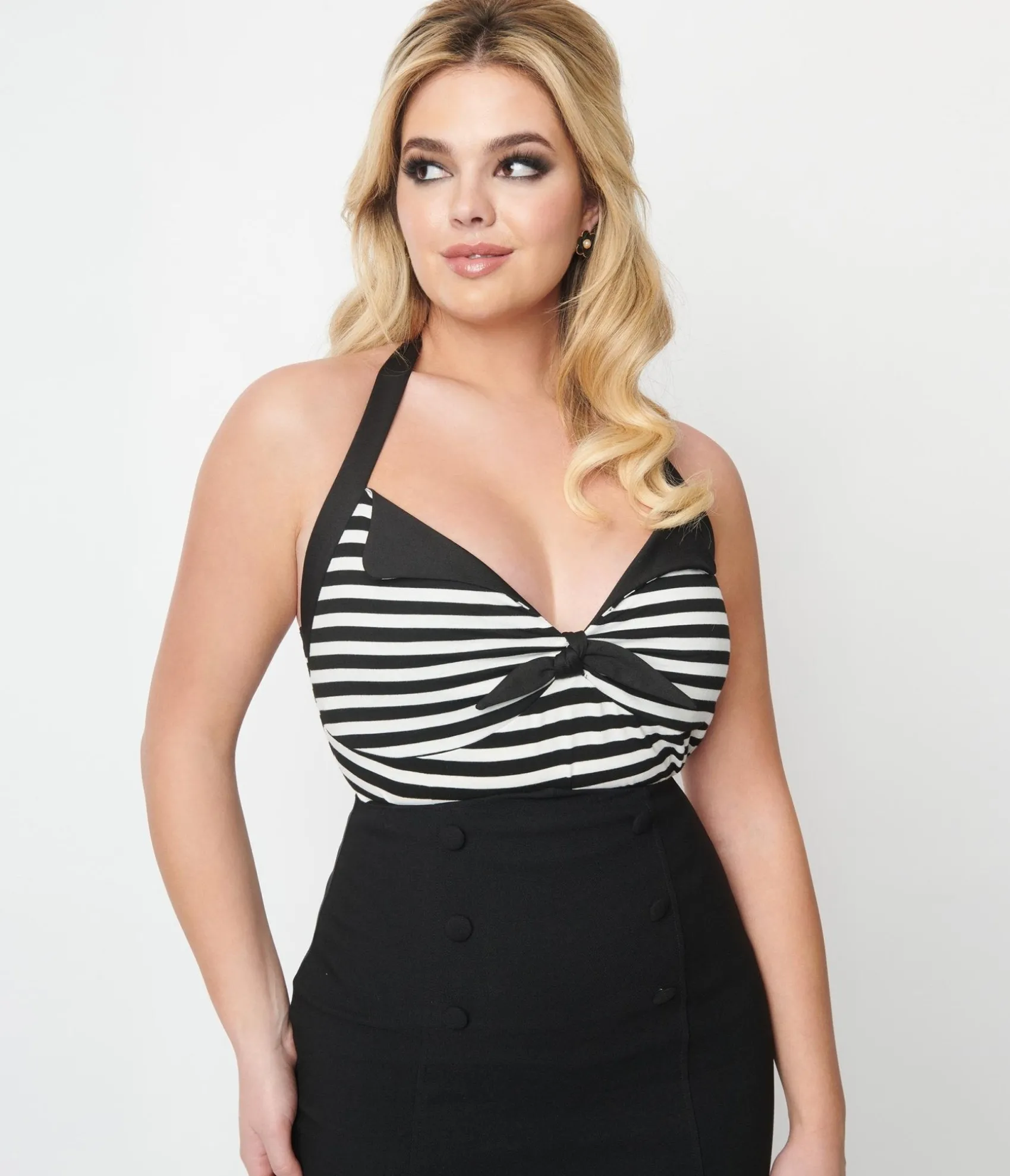 Unique Vintage Black & White Striped Halter Top Sale