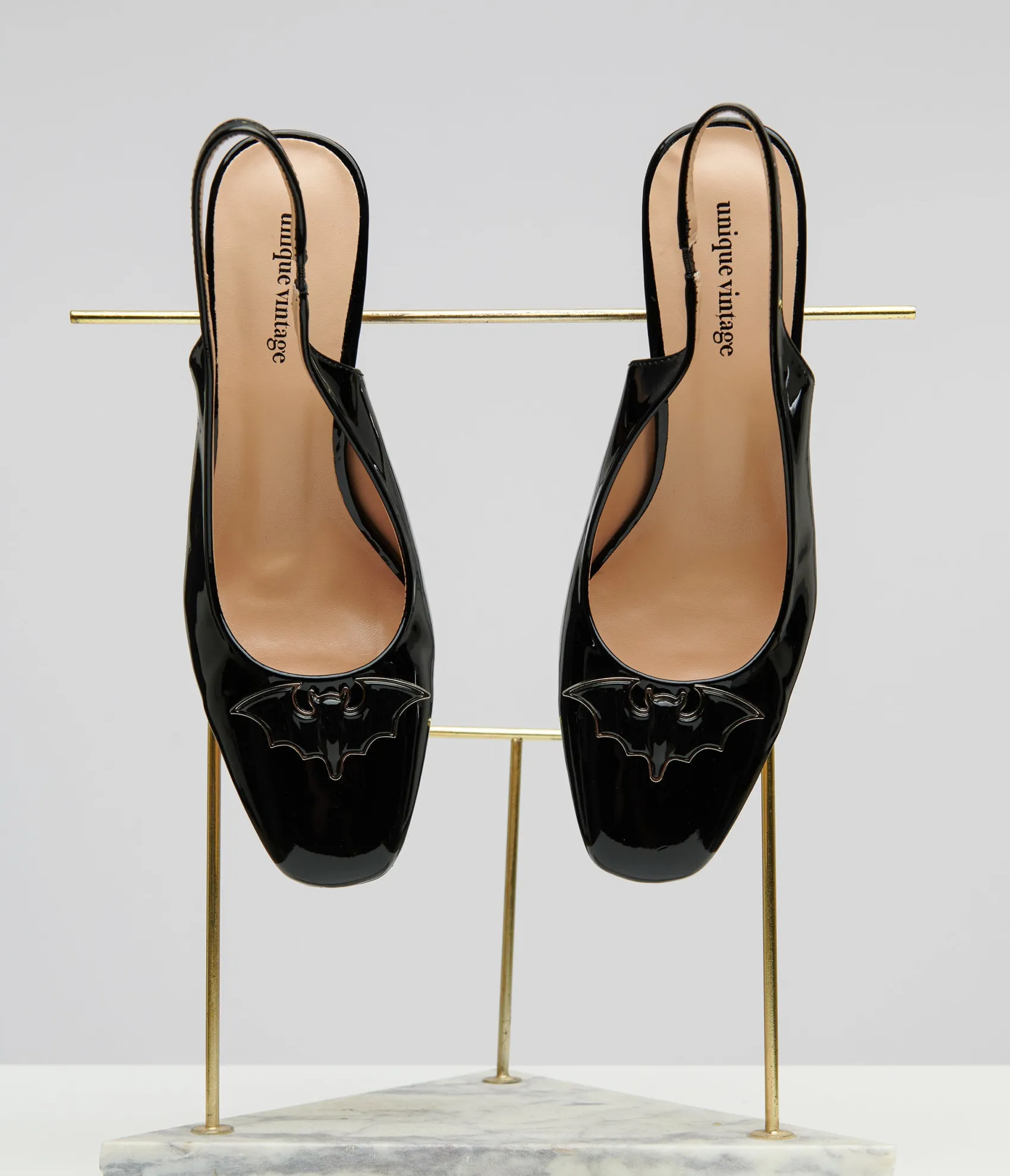 Unique Vintage Black Bat Leatherette Slingback Heels Hot