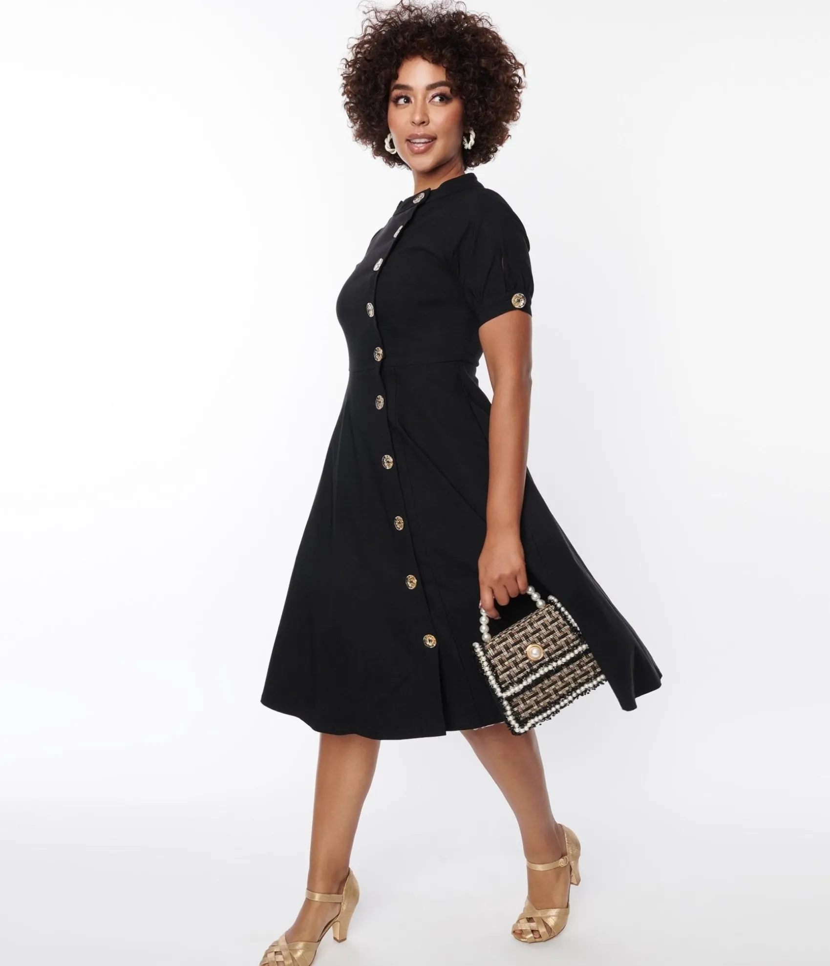 Unique Vintage Black Button Swing Dress Best