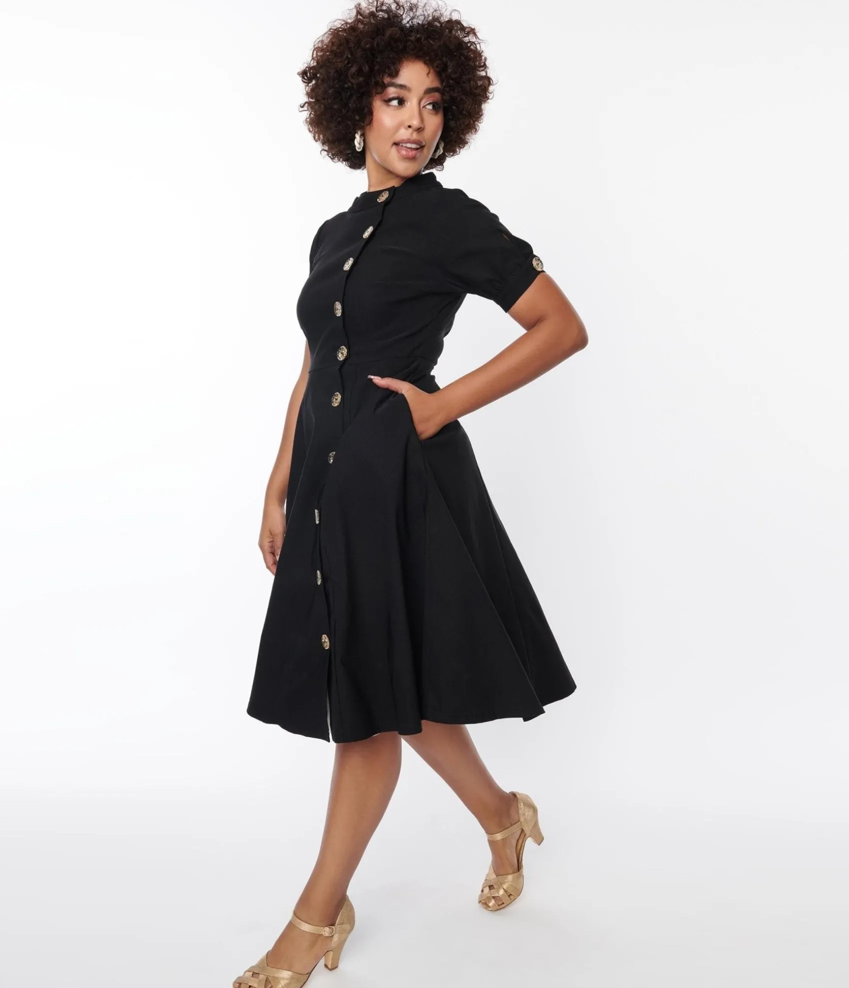 Unique Vintage Black Button Swing Dress Best