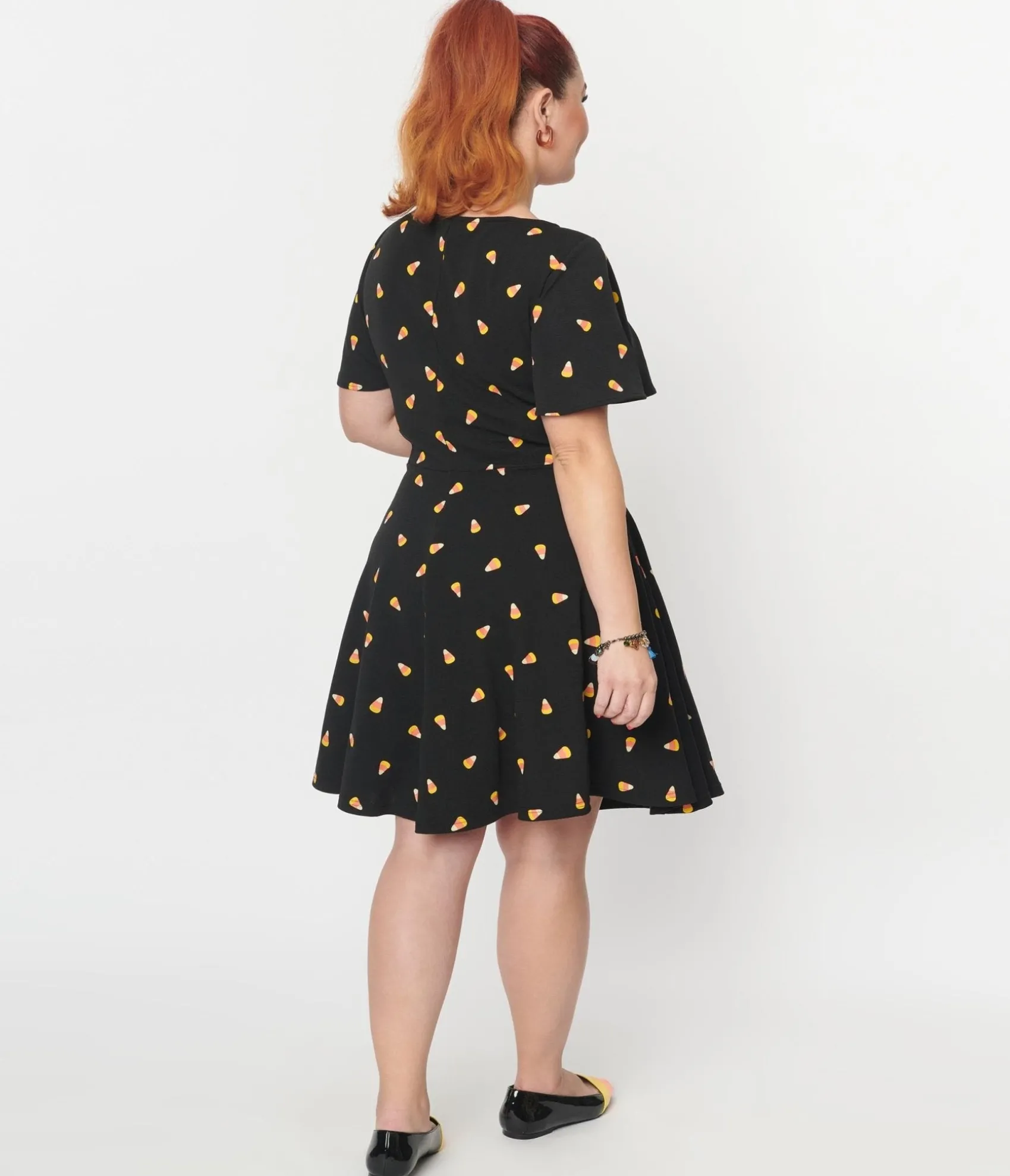 Unique Vintage Black Candy Corn Print Poppy Flare Dress Store