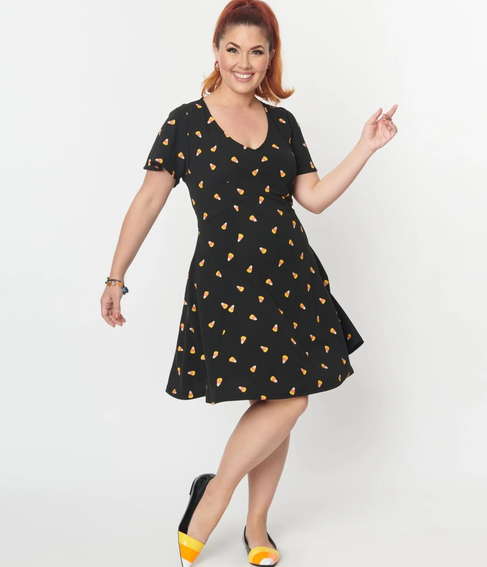Unique Vintage Black Candy Corn Print Poppy Flare Dress Store