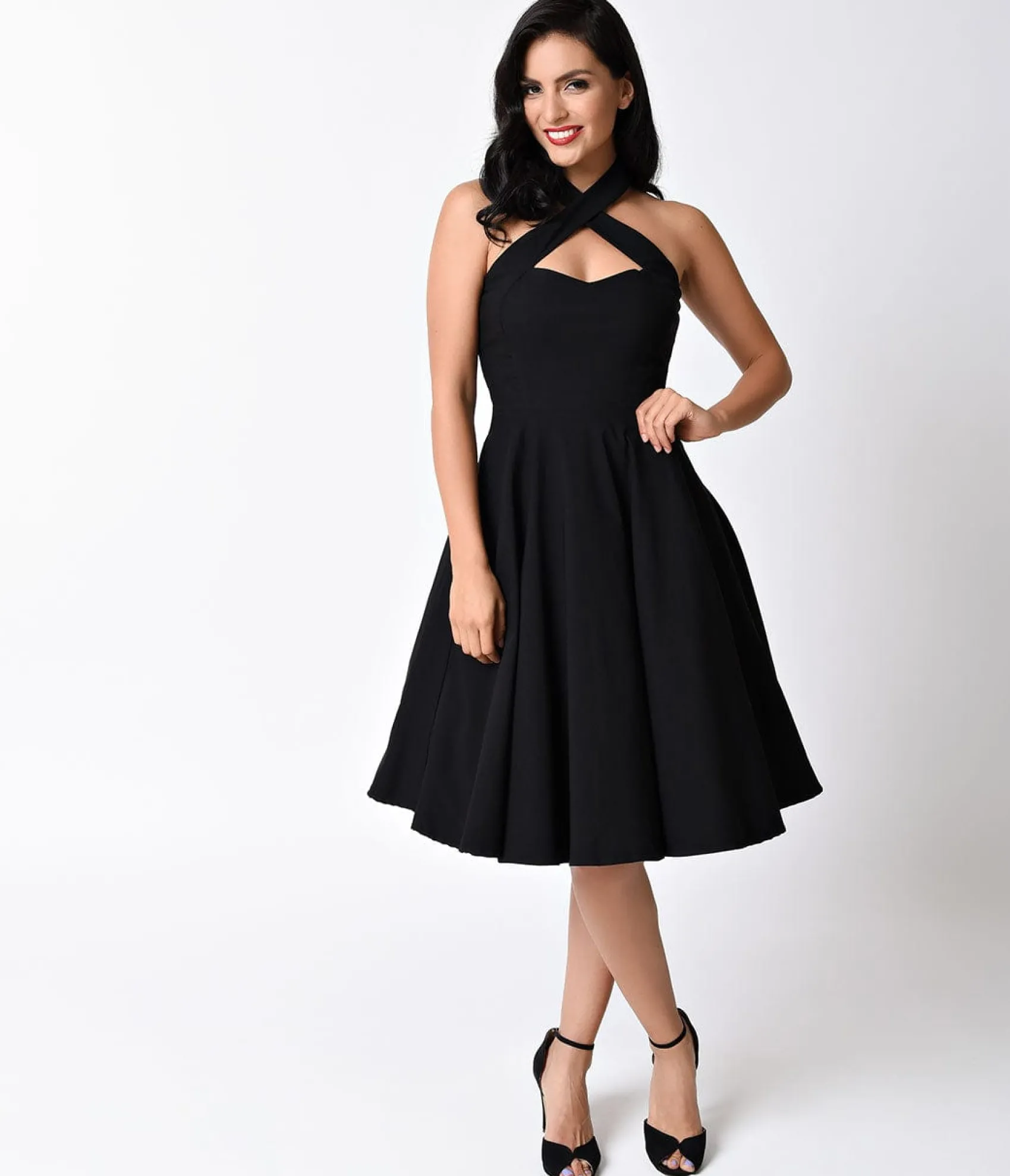 Unique Vintage Black Criss Cross Halter Rita Flare Dress Online