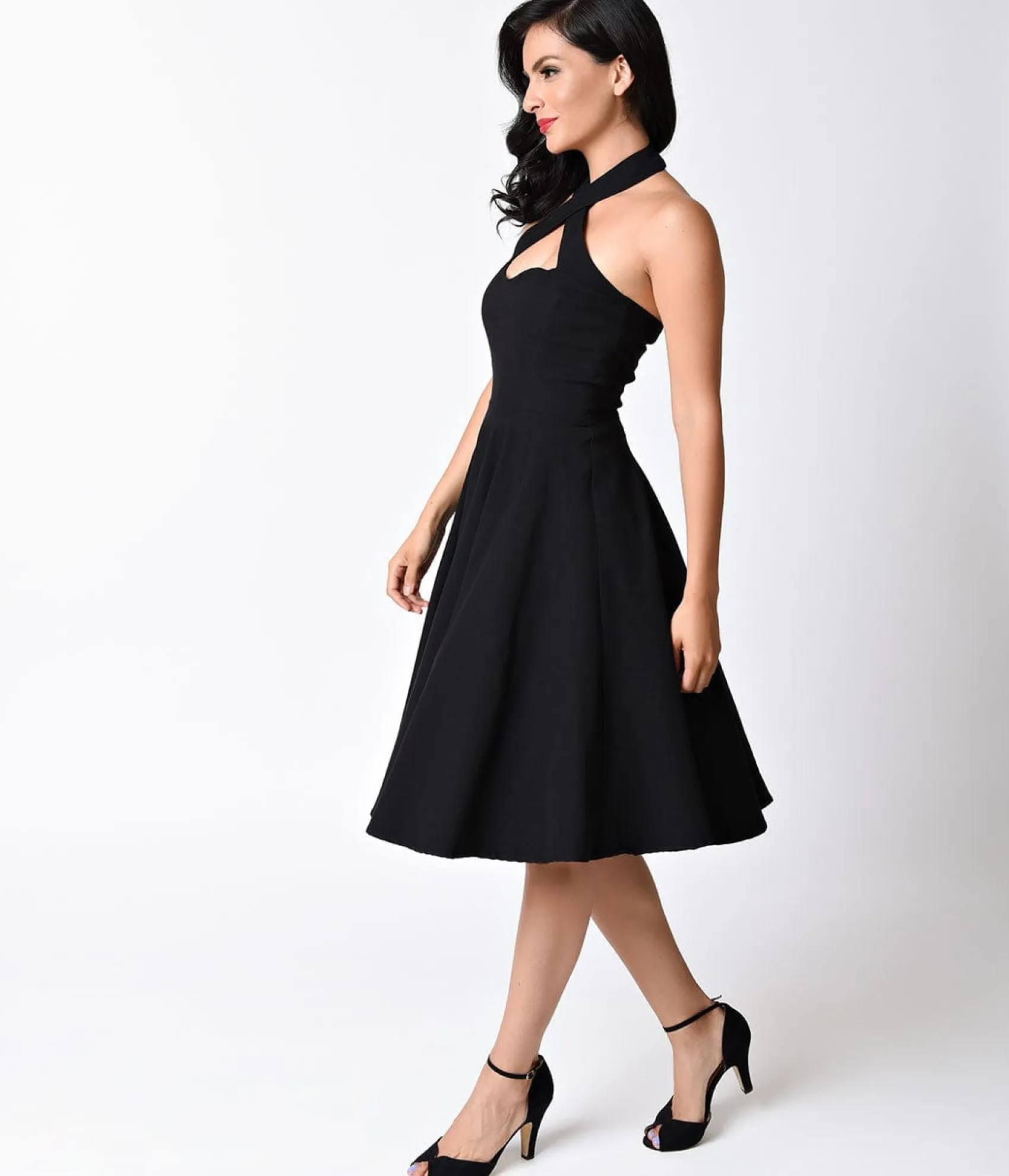 Unique Vintage Black Criss Cross Halter Rita Flare Dress Online
