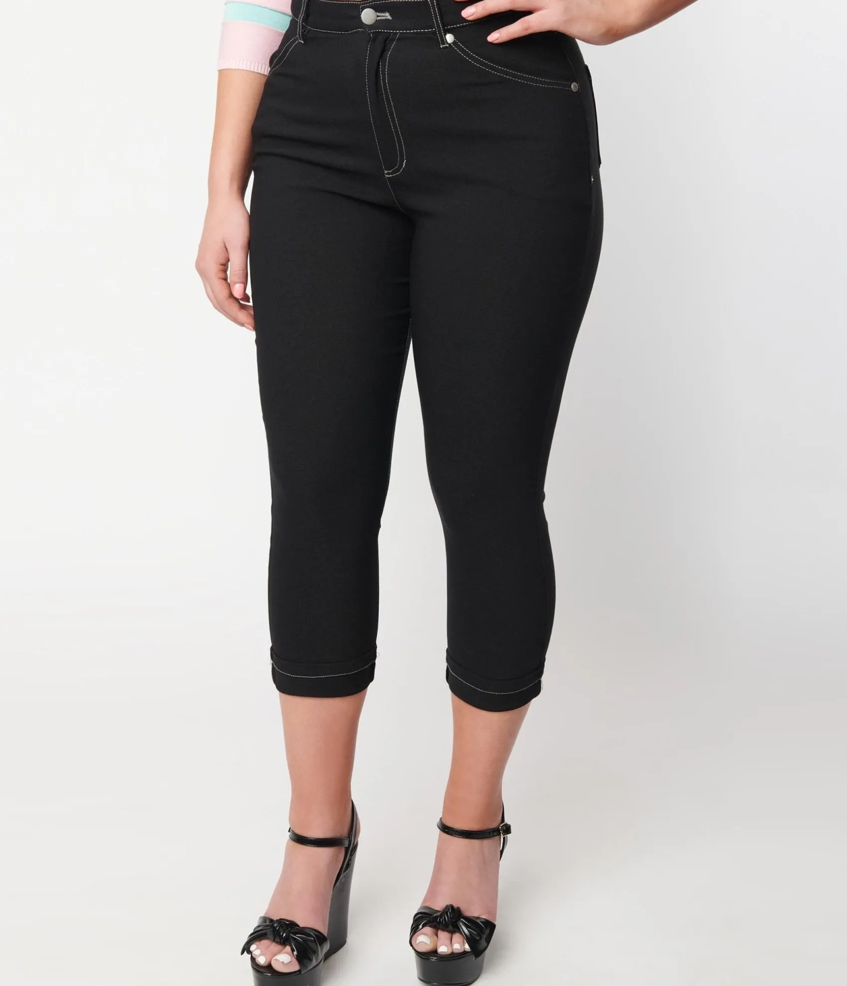 Unique Vintage Black Denim Bengaline Capris Clearance