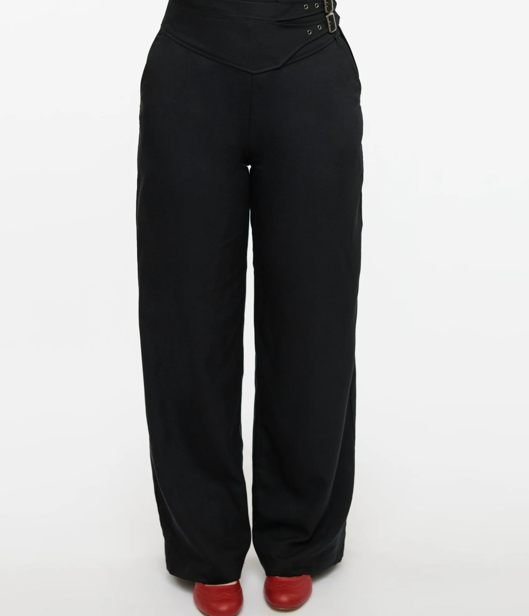 Unique Vintage Black Double Belt Woven Pants Cheap