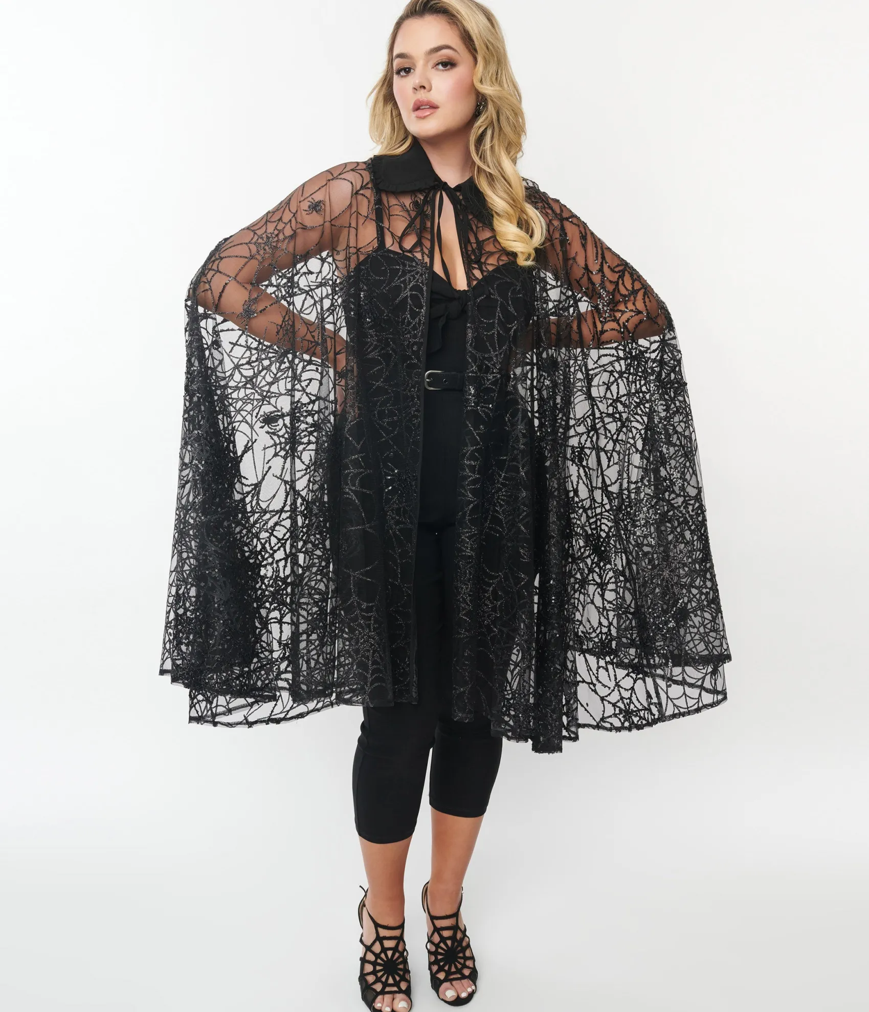 Unique Vintage Black Glitter Spiderweb Mesh Cape Flash Sale