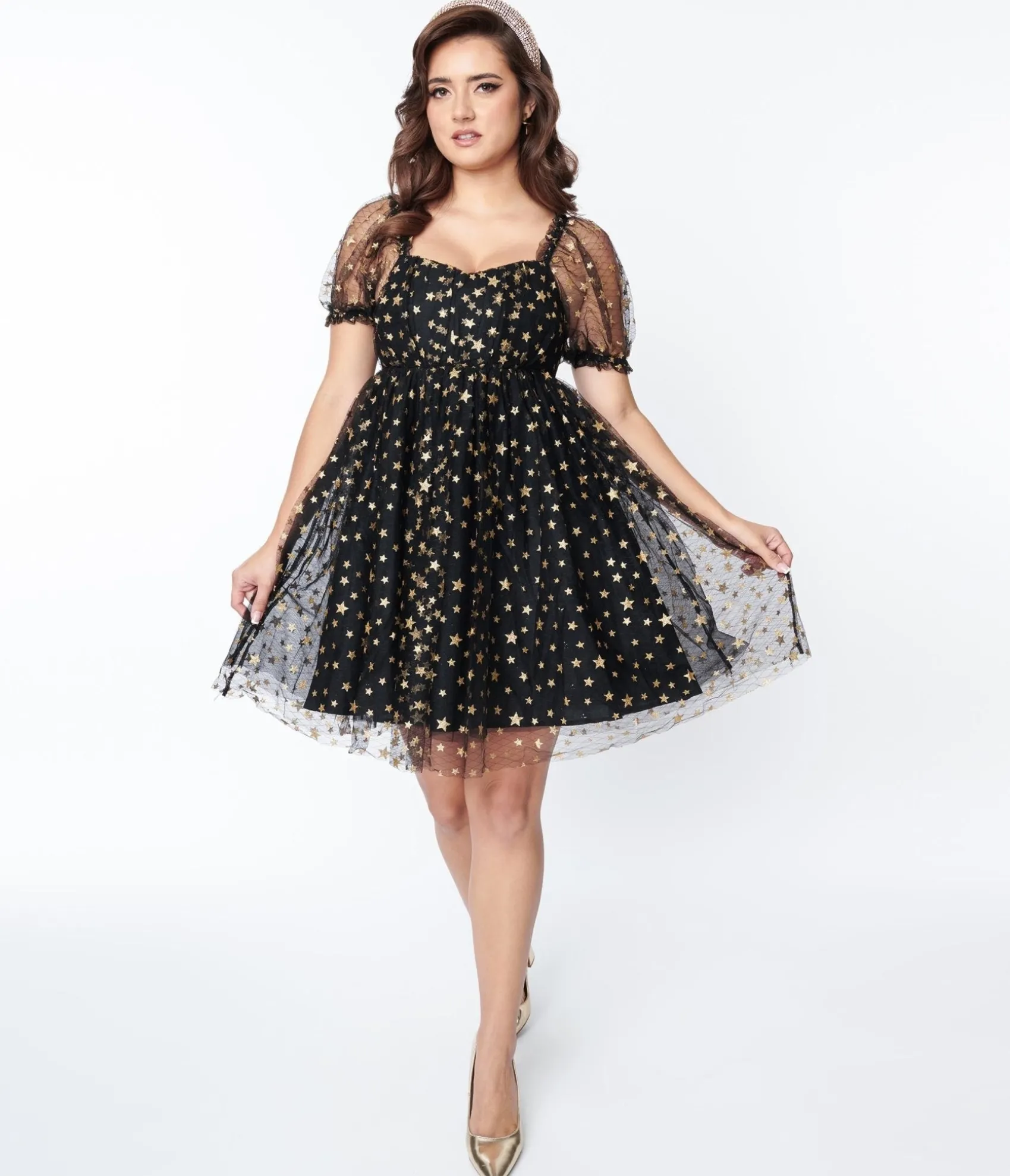 Unique Vintage Black Gold Star Mesh Babydoll Belle Dress Shop