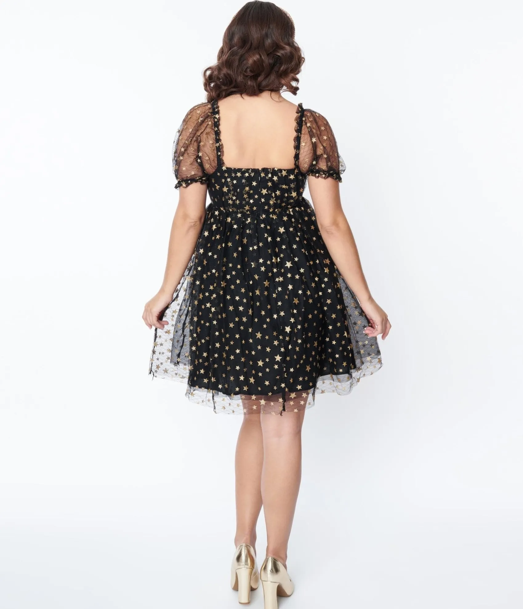 Unique Vintage Black Gold Star Mesh Babydoll Belle Dress Shop