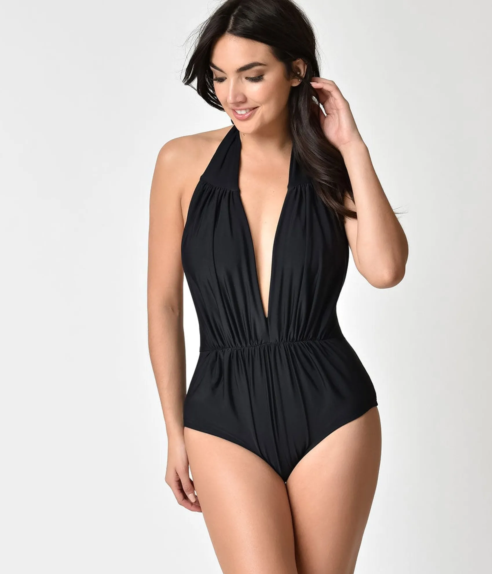 Unique Vintage Black Halter Shirred Derek One Piece Swimsuit Clearance