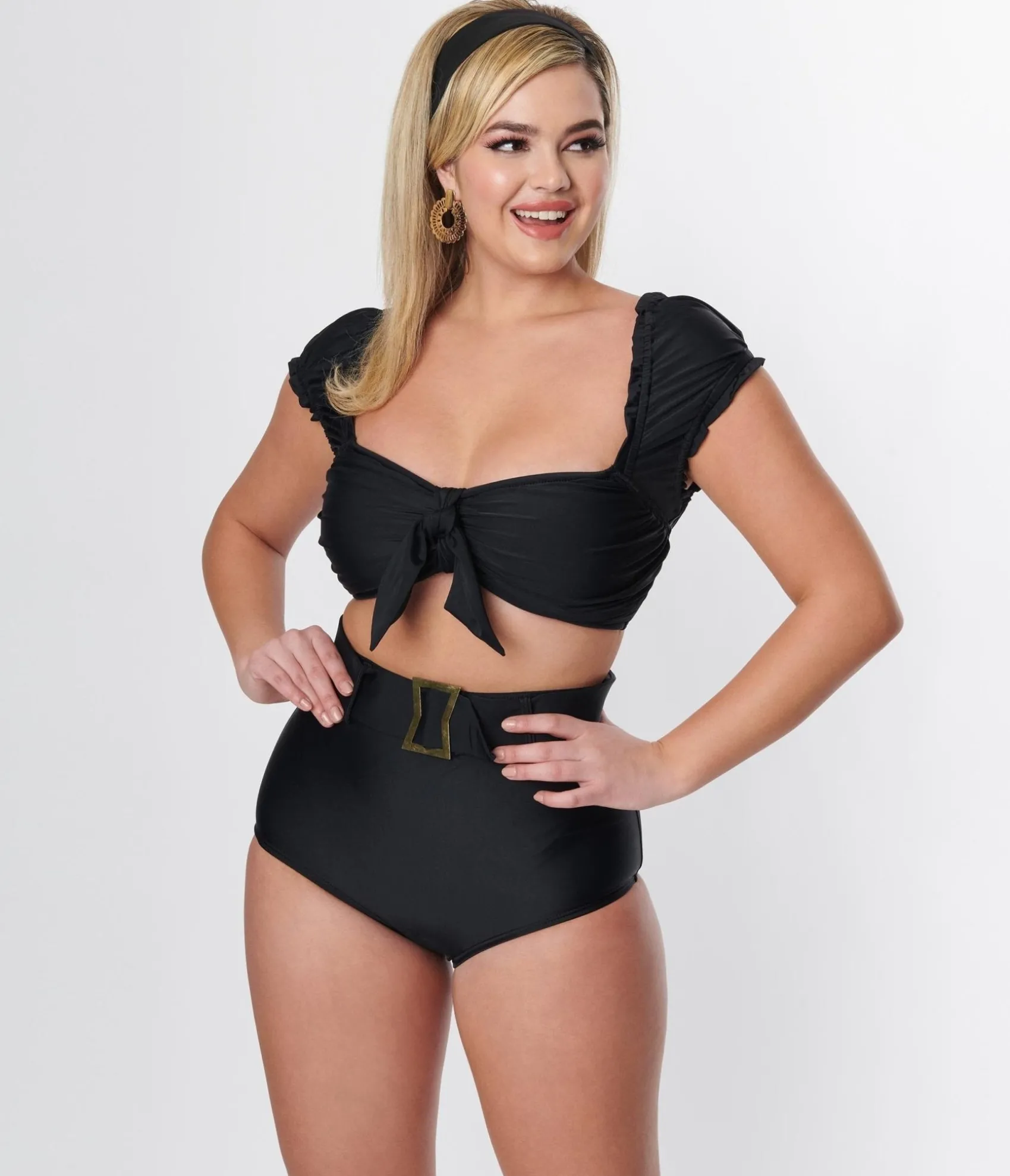 Unique Vintage Black High Waist Belted Swim Bottom Clearance