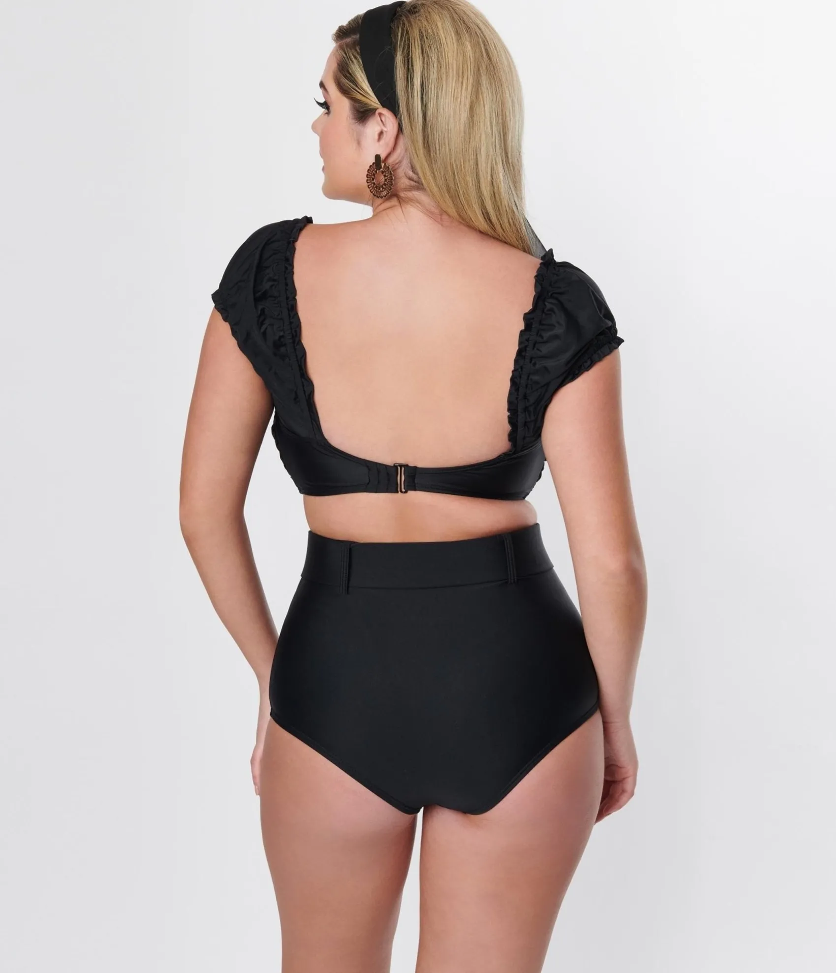 Unique Vintage Black High Waist Belted Swim Bottom Clearance