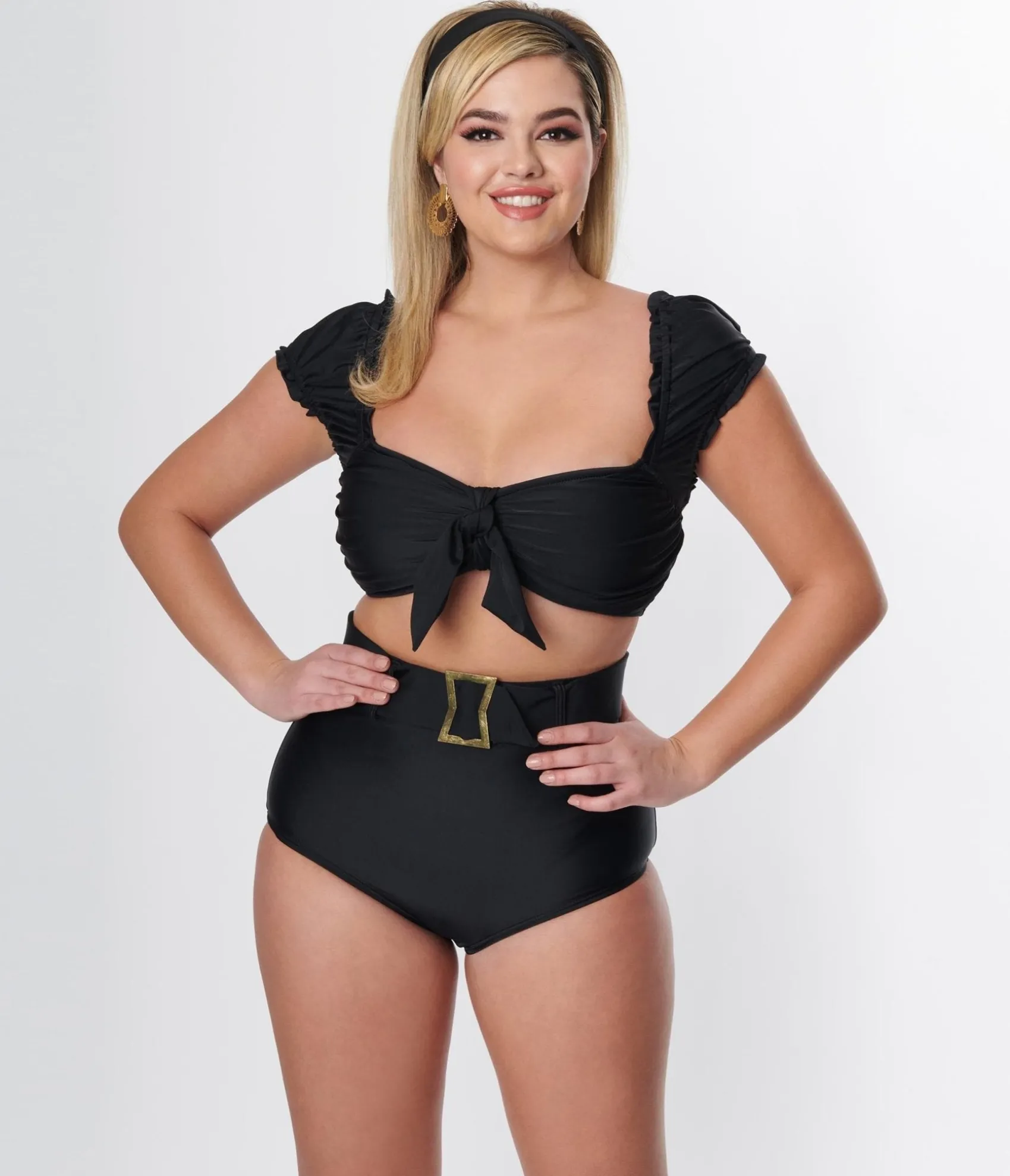 Unique Vintage Black High Waist Belted Swim Bottom Clearance