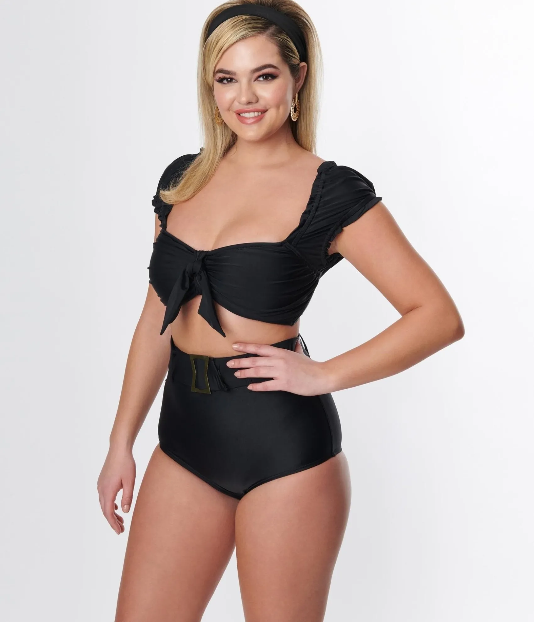 Unique Vintage Black High Waist Belted Swim Bottom Clearance
