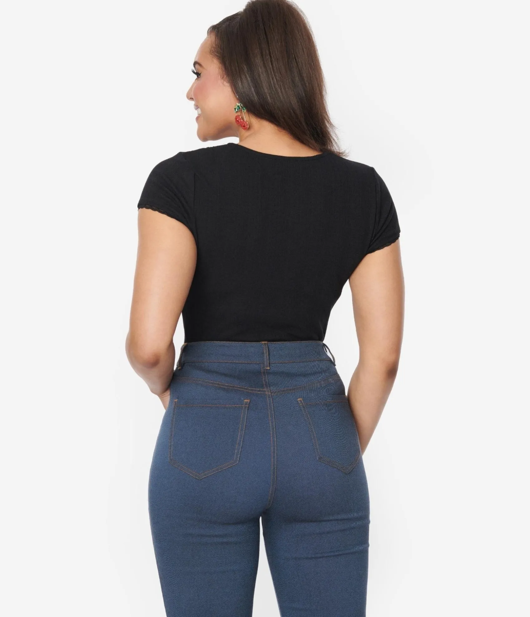 Unique Vintage Black Keyhole Pointelle Knit Top Clearance