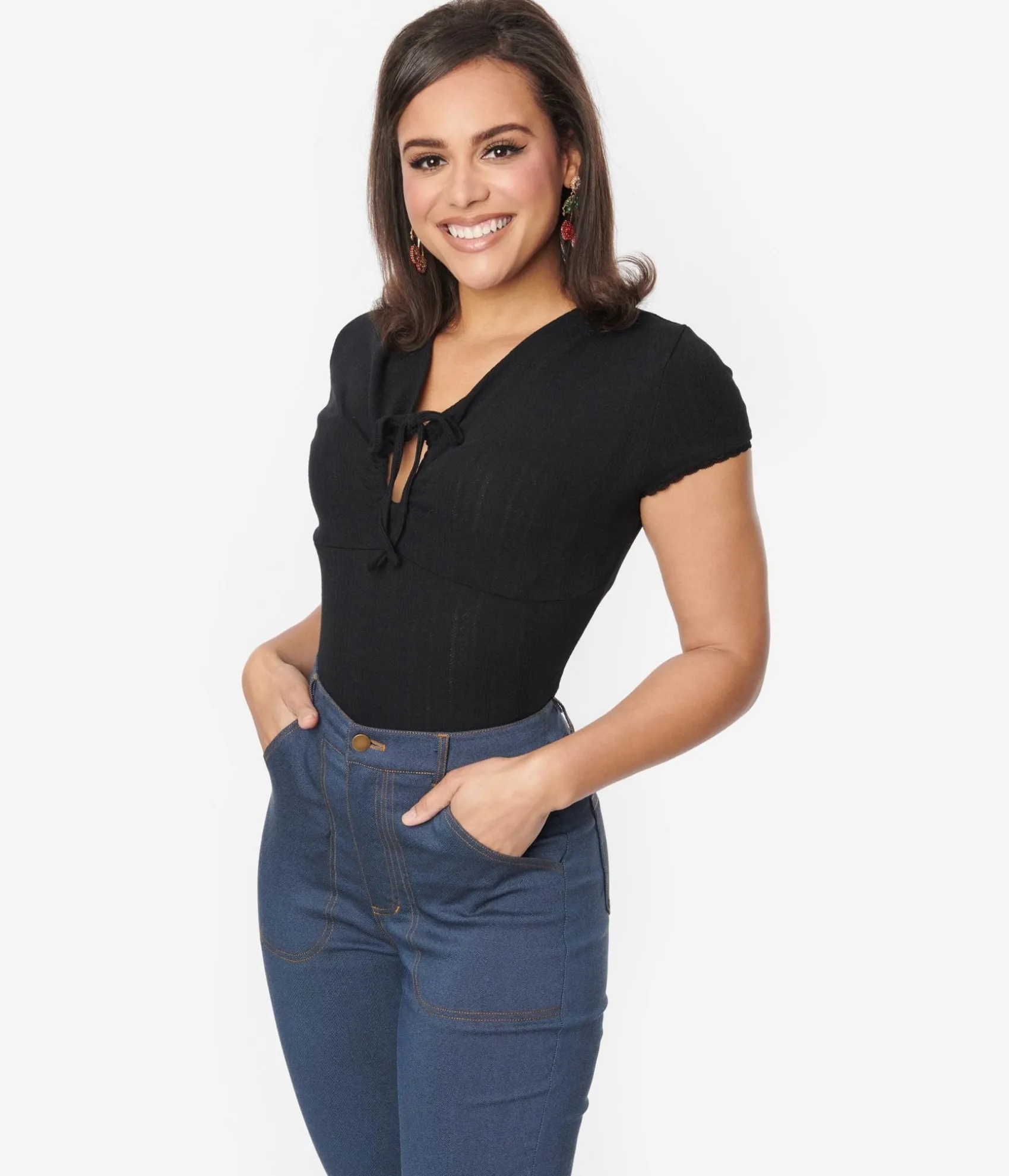 Unique Vintage Black Keyhole Pointelle Knit Top Clearance