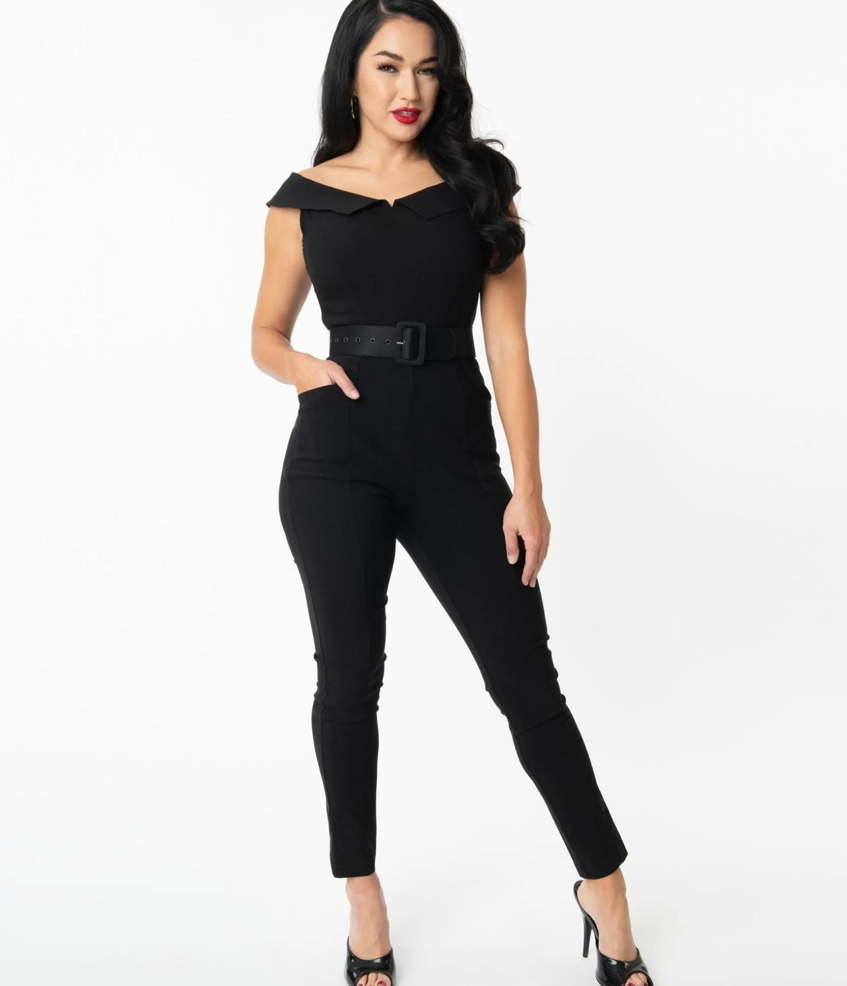 Unique Vintage Black Off Shoulder Gillian Jumpsuit Flash Sale