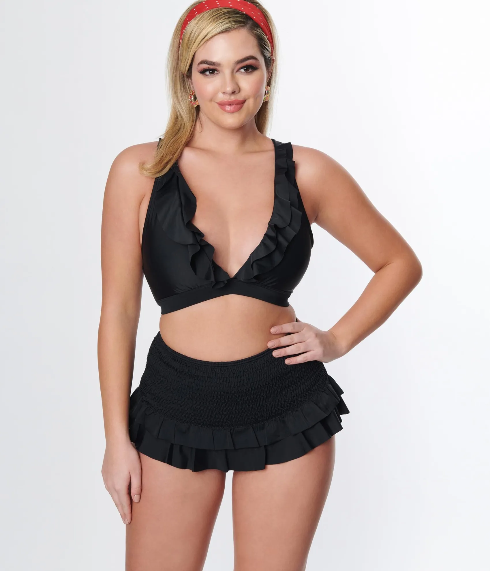 Unique Vintage Black Ruffle Halter Swim Top Best