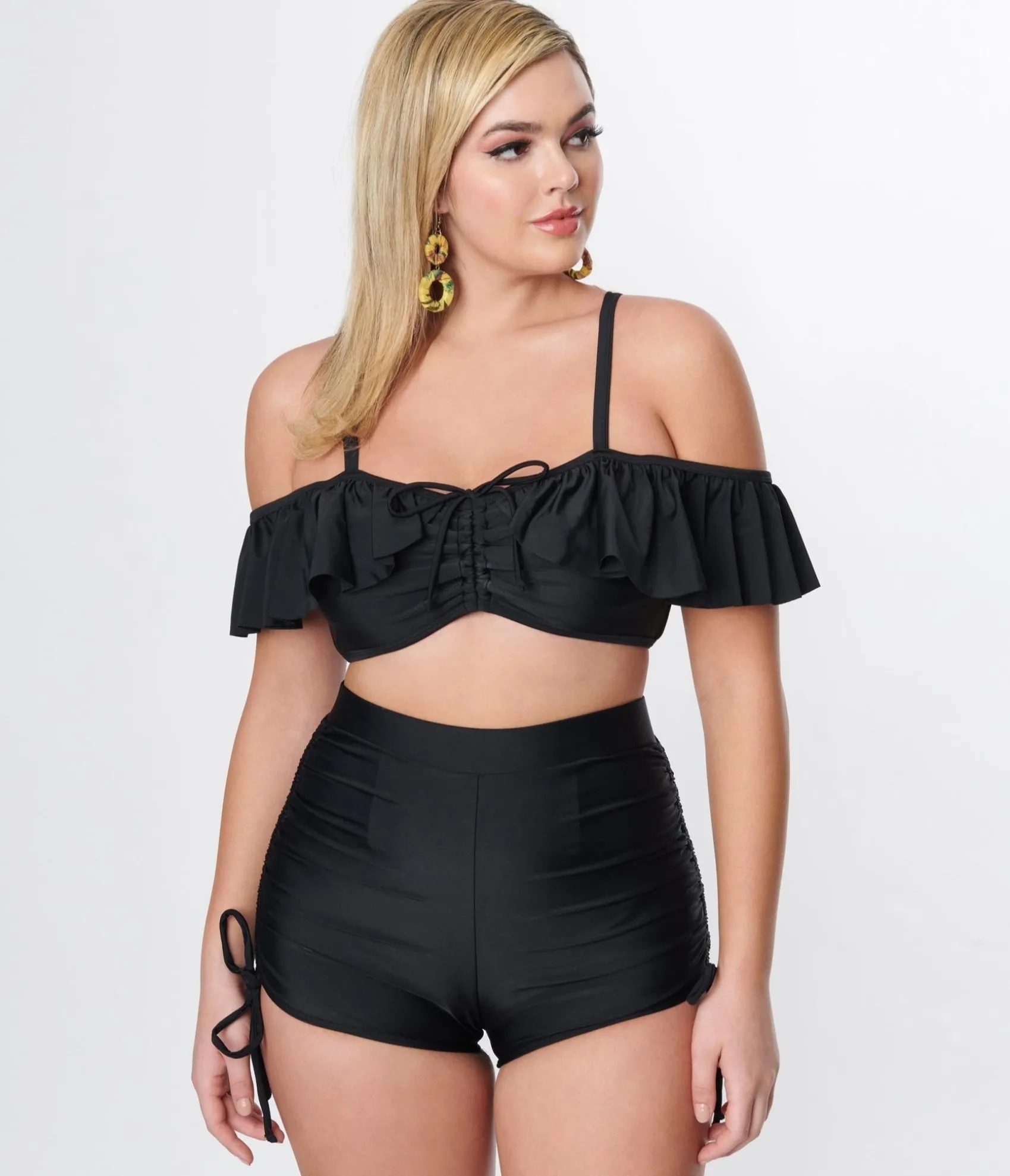 Unique Vintage Black Ruffle Swim Top Hot