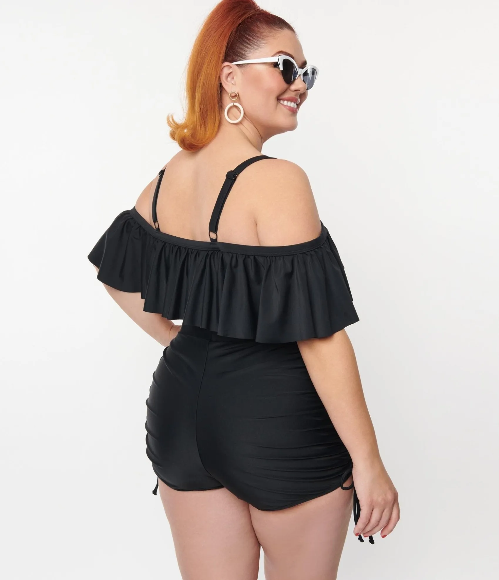 Unique Vintage Black Ruffle Swim Top Hot