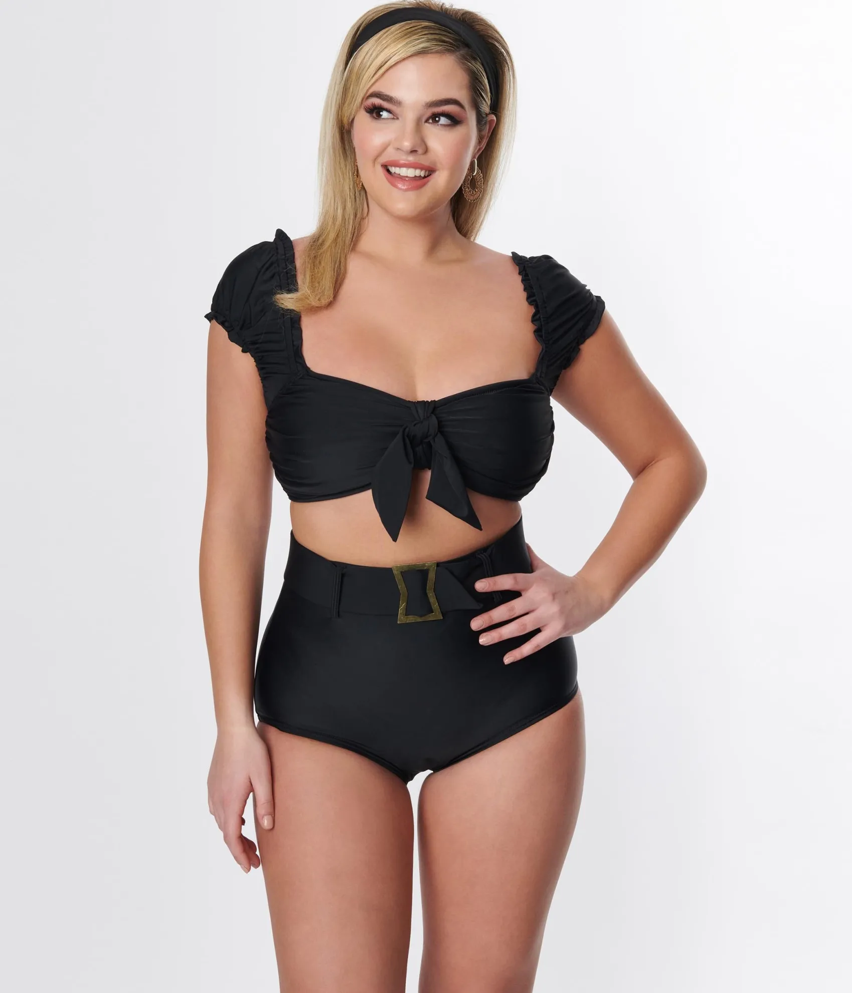 Unique Vintage Black Shirred Bow Bandeau Swim Top Cheap