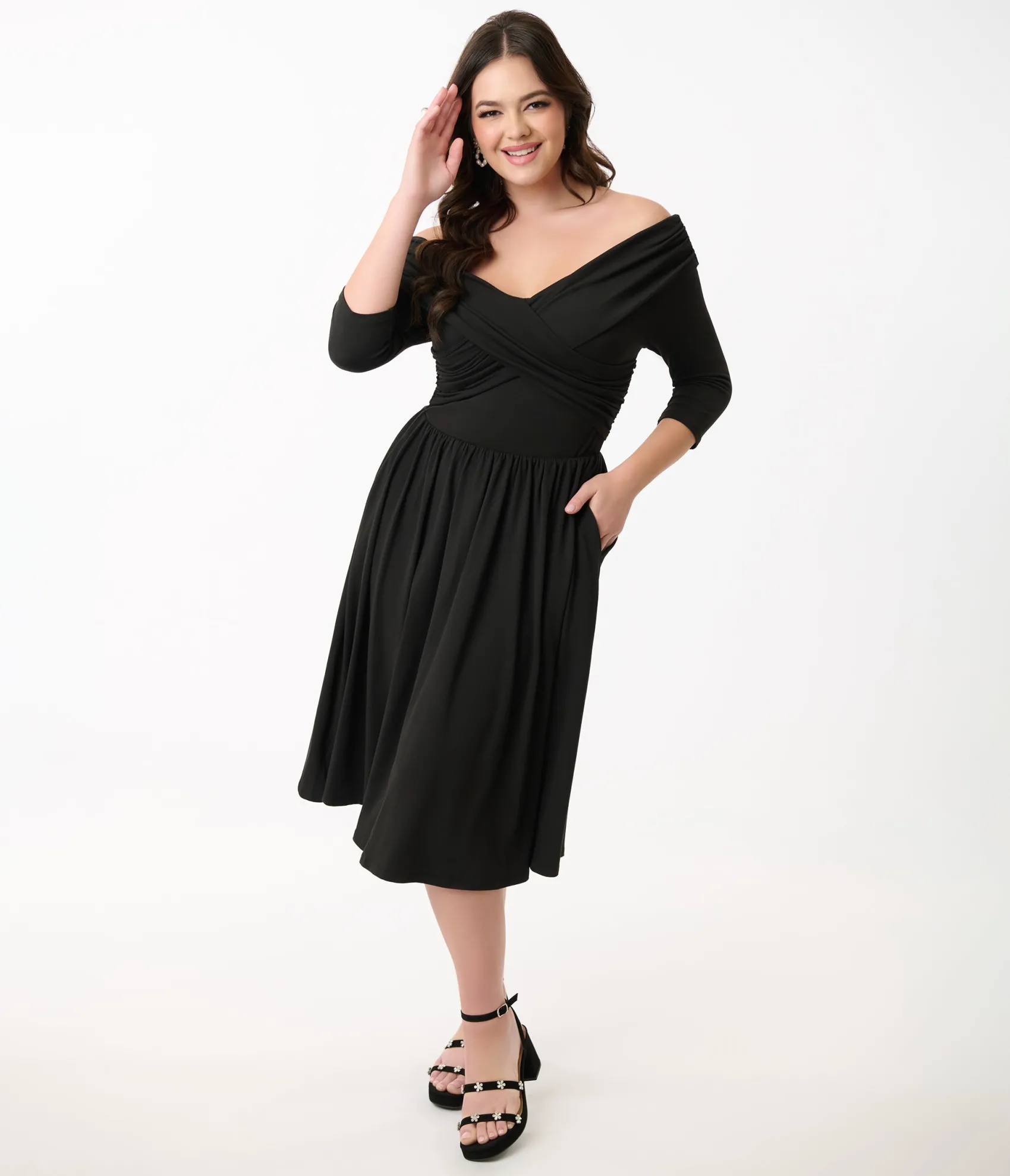 Unique Vintage Black Shirred Off Shoulder Swing Dress Fashion