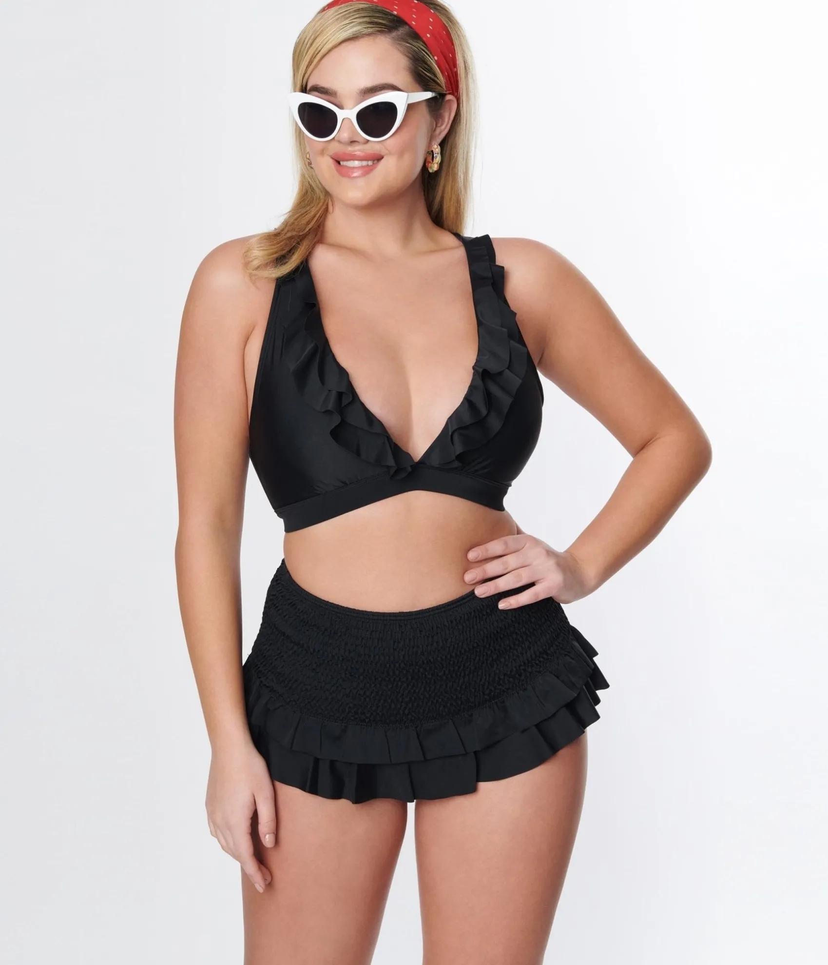 Unique Vintage Black Smocked Ruffle Swim Bottom Outlet