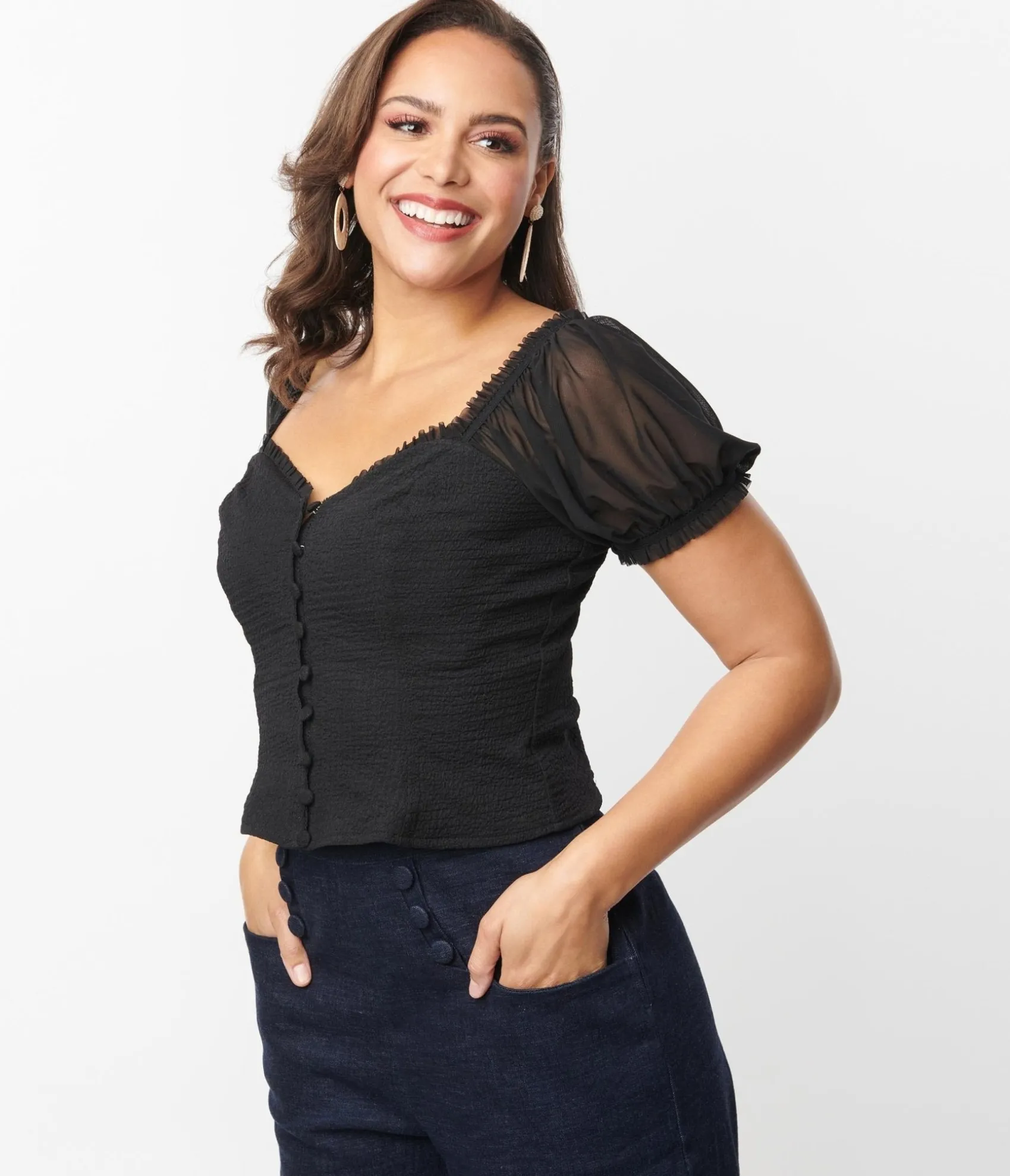 Unique Vintage Black Textured Sweetheart Puff Sleeve Top Outlet