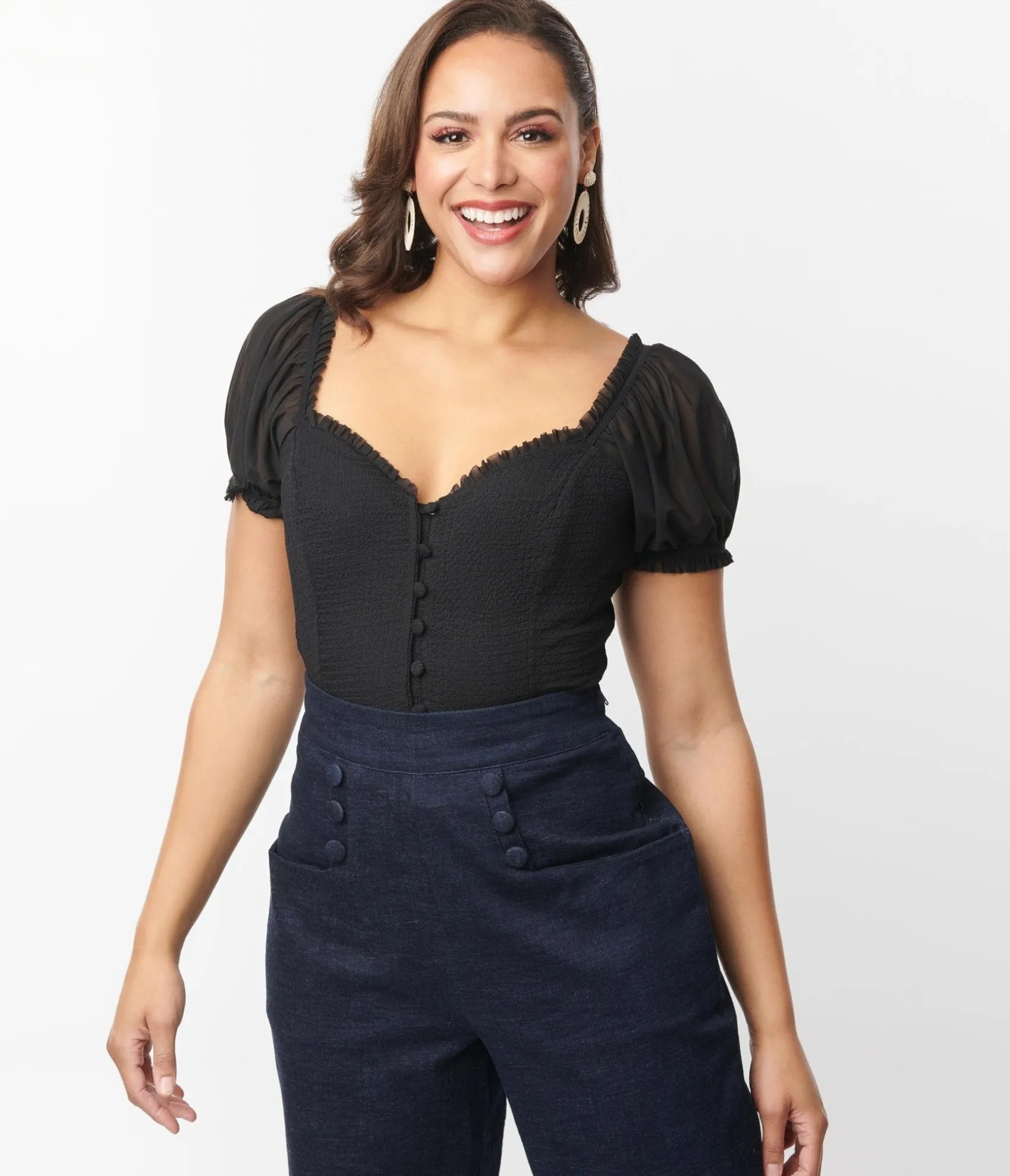 Unique Vintage Black Textured Sweetheart Puff Sleeve Top Outlet