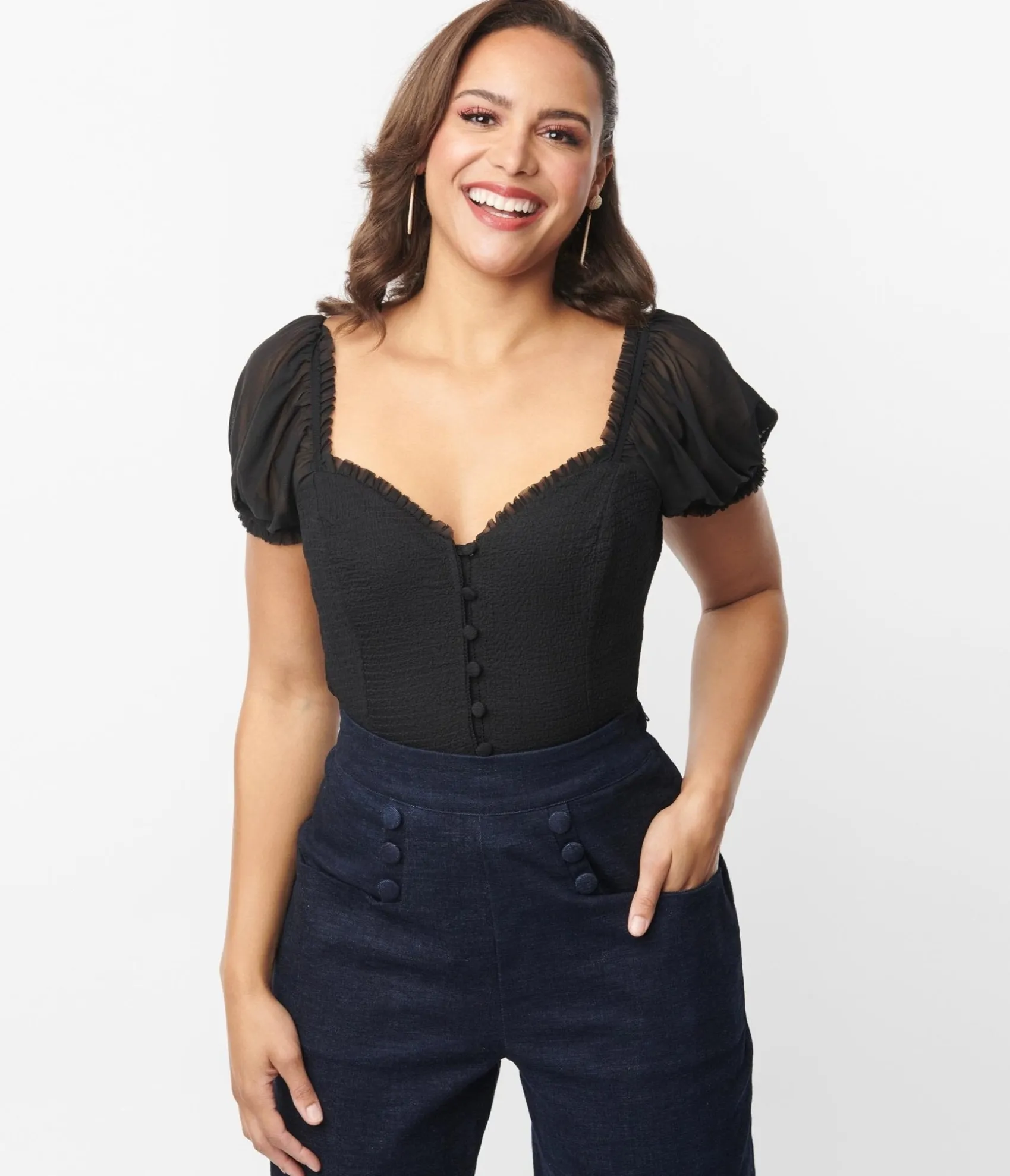 Unique Vintage Black Textured Sweetheart Puff Sleeve Top Outlet