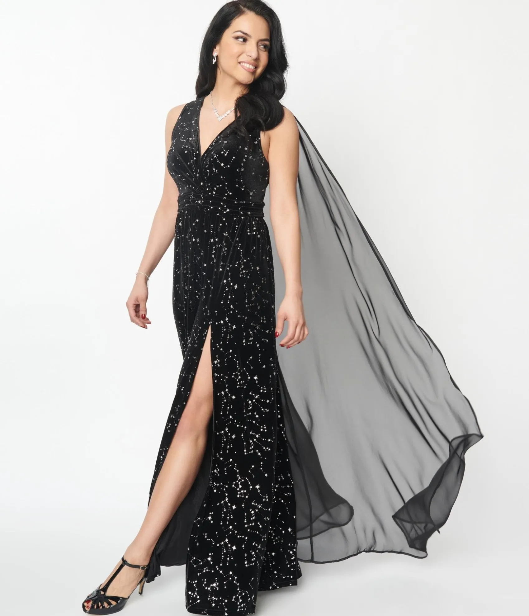 Unique Vintage Black Velvet Constellation Cape Gown Fashion