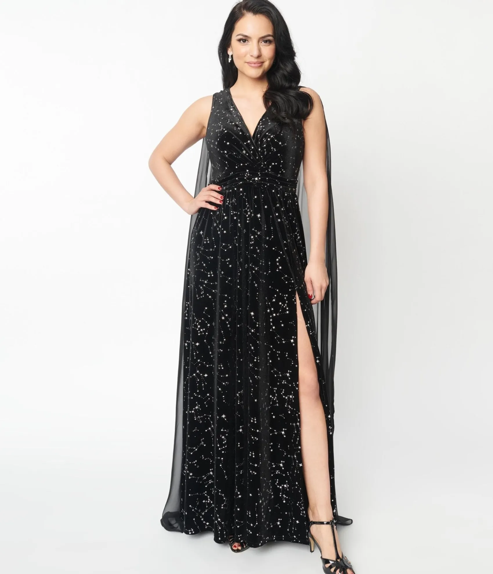Unique Vintage Black Velvet Constellation Cape Gown Fashion
