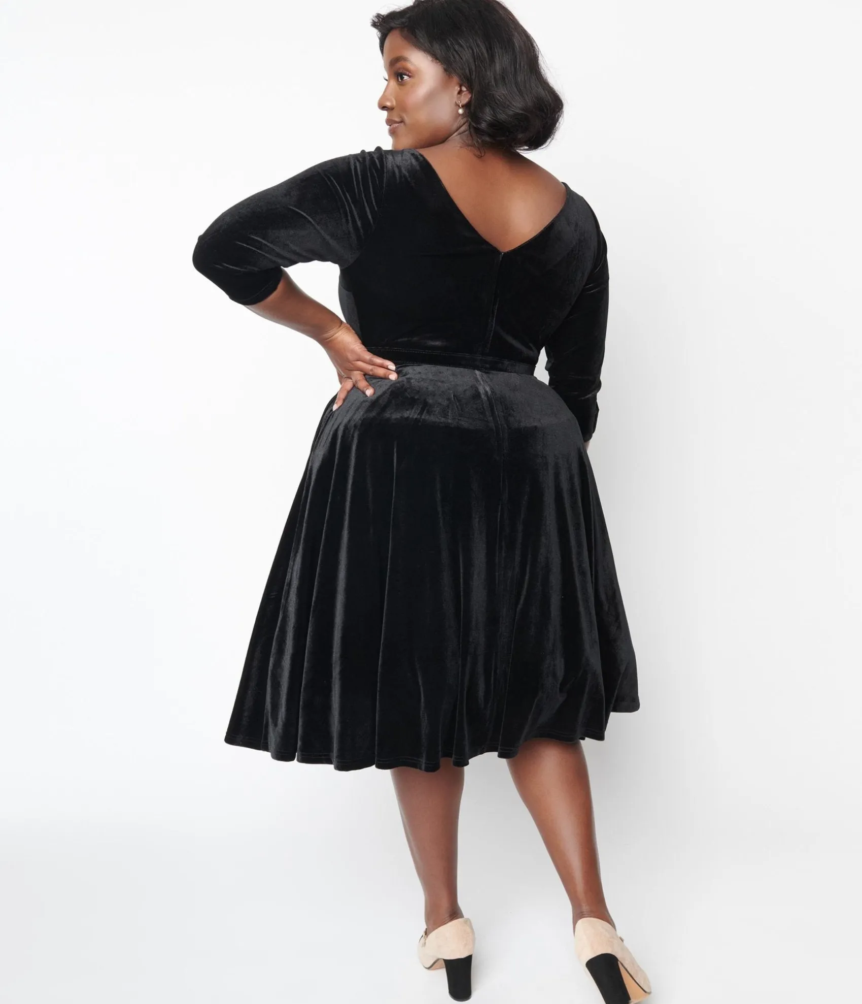 Unique Vintage Black Velvet Faux Bow Devon Swing Dress Fashion