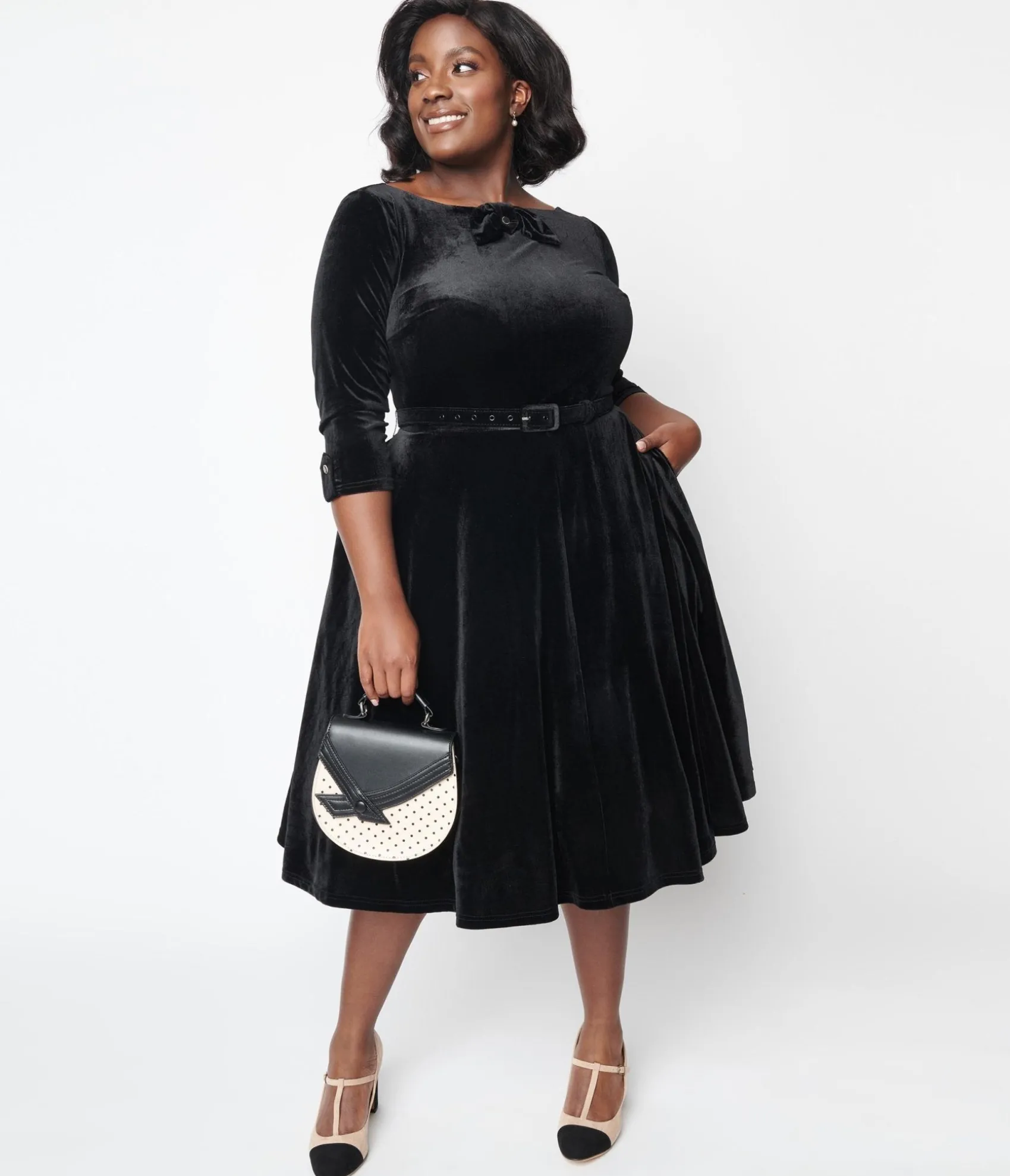 Unique Vintage Black Velvet Faux Bow Devon Swing Dress Fashion