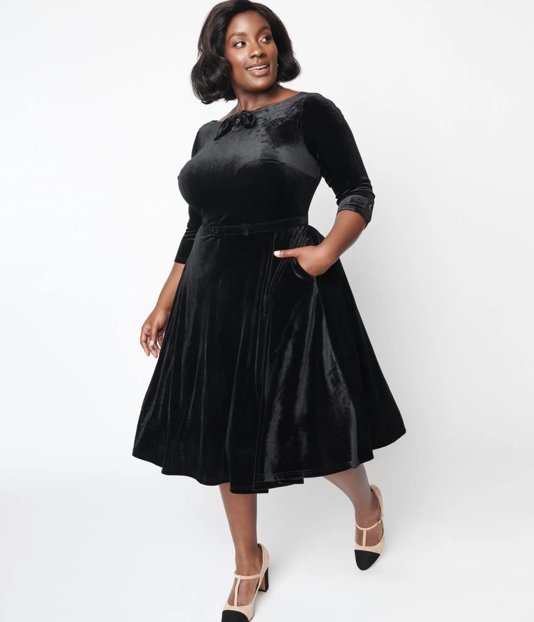 Unique Vintage Black Velvet Faux Bow Devon Swing Dress Fashion
