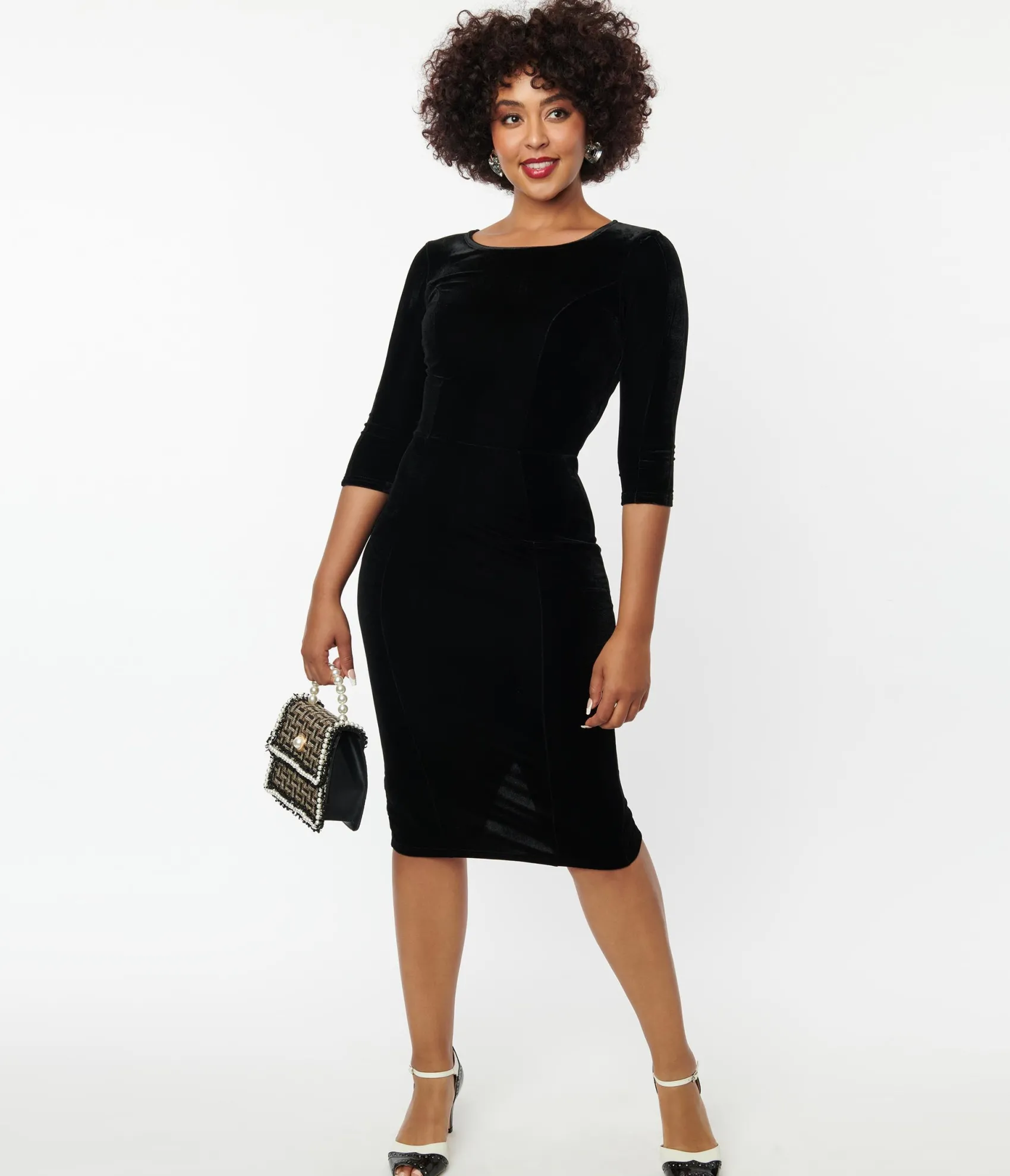 Unique Vintage Black Velvet Sleeved Mod Wiggle Dress Fashion