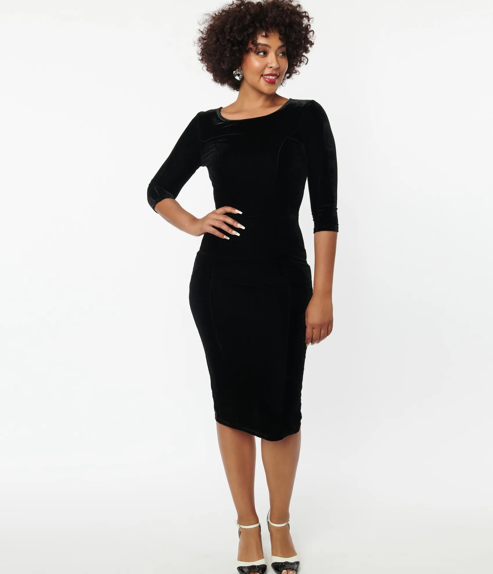 Unique Vintage Black Velvet Sleeved Mod Wiggle Dress Fashion