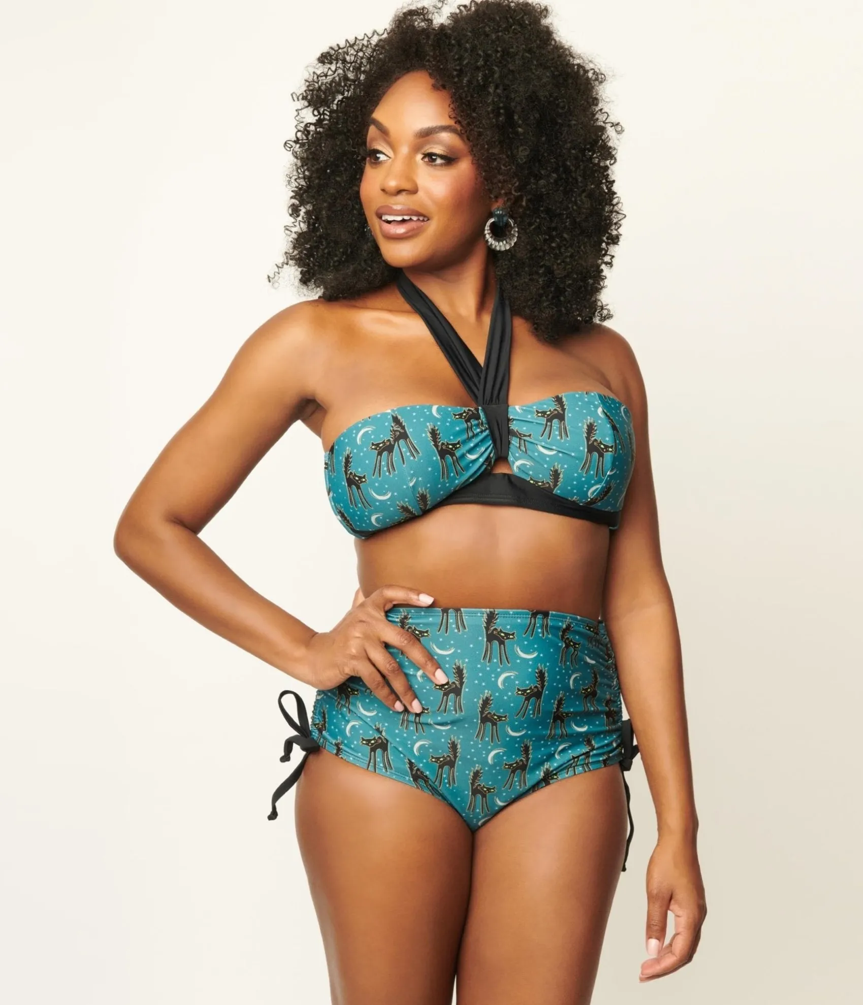Unique Vintage Blue & Spooky Cat Print Forever Glam Swim Top Shop
