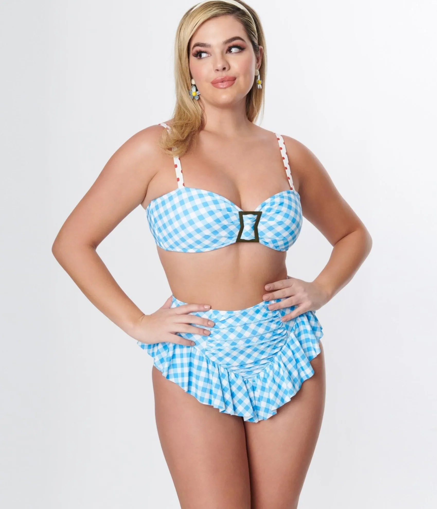 Unique Vintage Blue Gingham Buckle Swim Top Cheap