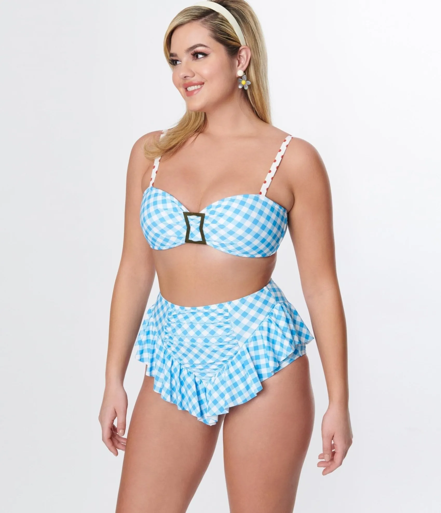 Unique Vintage Blue Gingham Buckle Swim Top Cheap