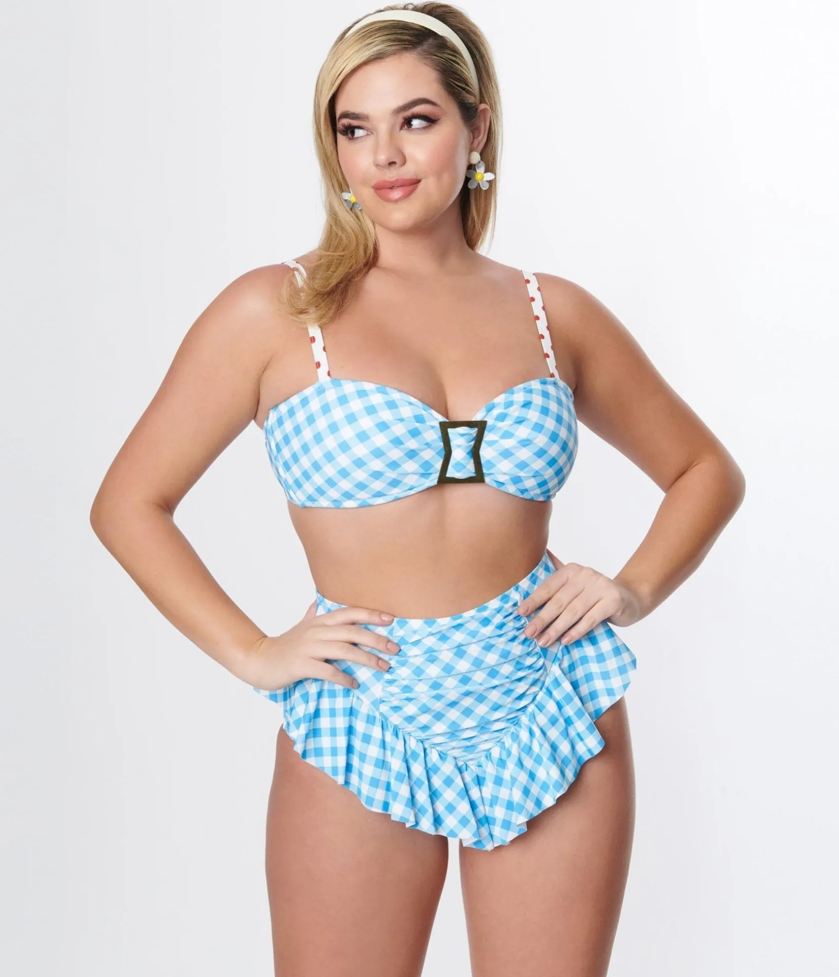 Unique Vintage Blue Gingham Ruffle High Waist Swim Bottom Outlet