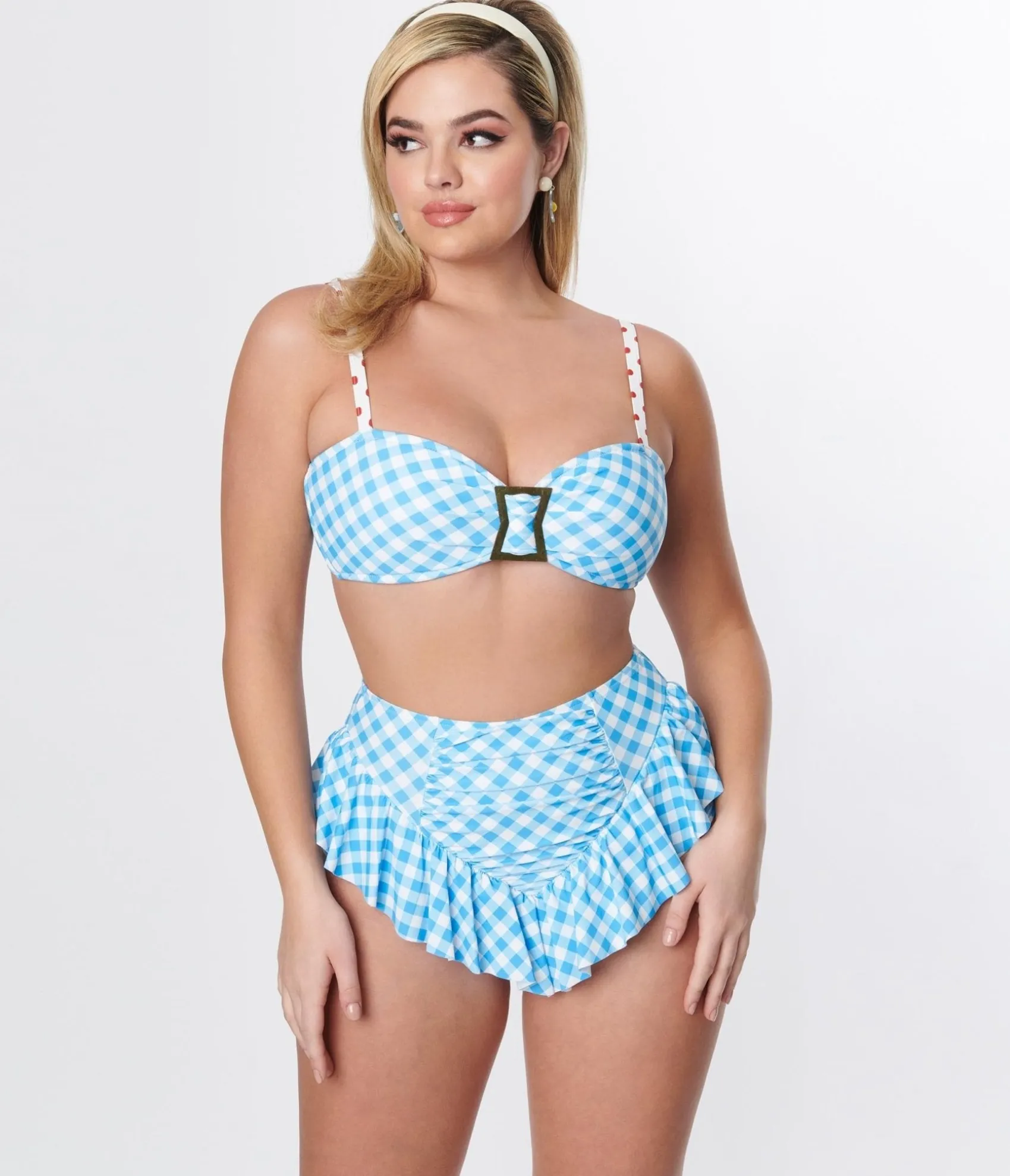 Unique Vintage Blue Gingham Ruffle High Waist Swim Bottom Outlet