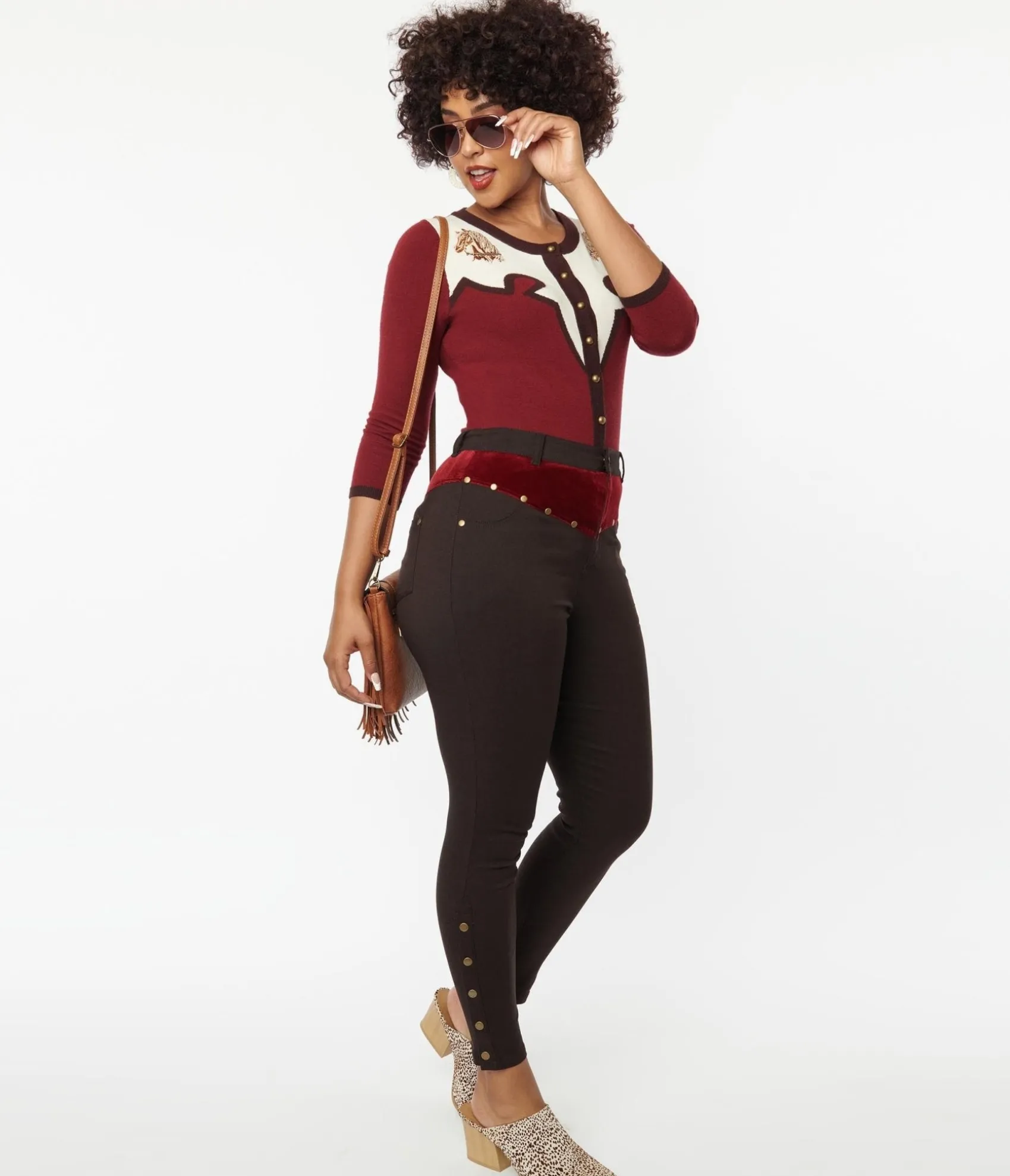 Unique Vintage Brown Denim & Red Yoke Skinny Jeans Shop